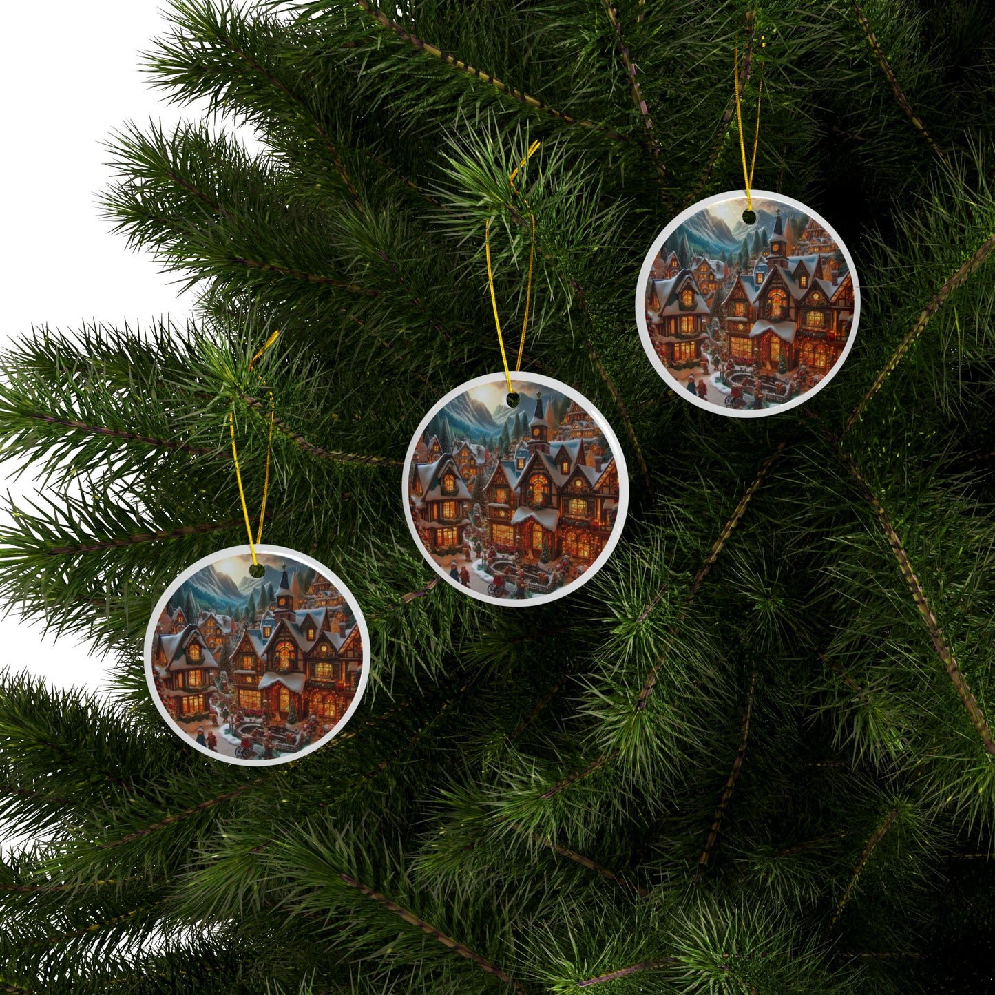 Enchanted Winter Town Ceramic Ornaments, 2-Side Print, (1pc, 3pcs, 5pcs, 10pcs)