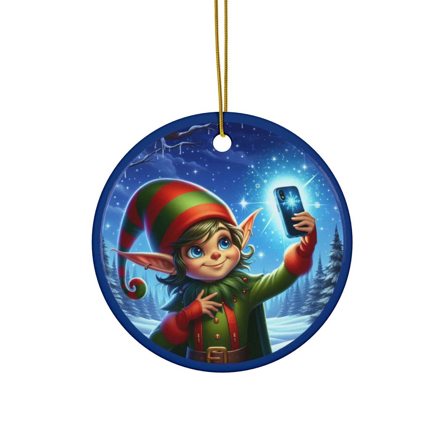 Elfie On The Selfie Ceramic Ornaments, 2-Side Print, (1pc, 3pcs, 5pcs, 10pcs)