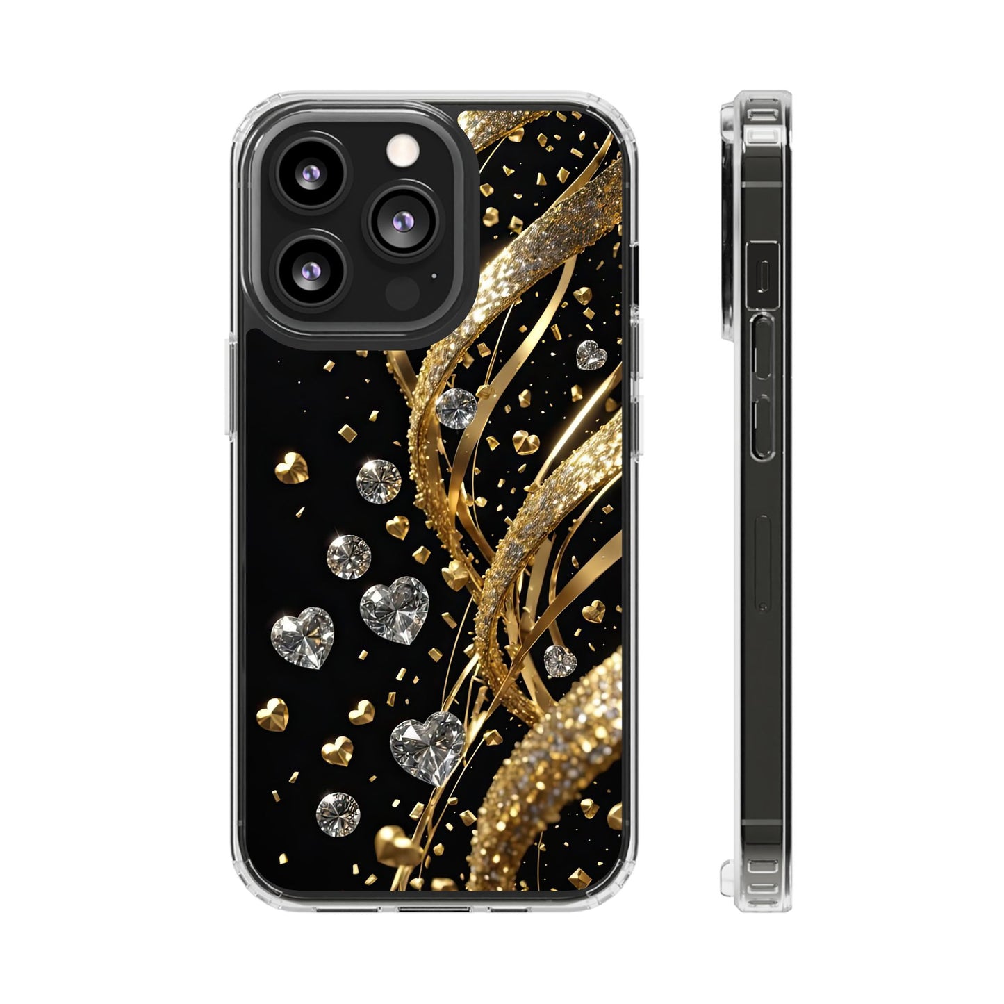 Gleaming Heart Clear Case, Elegant Gold Glitter, Sparkling Design