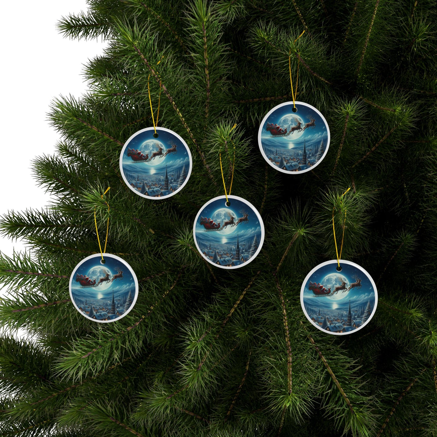 Magical Sleigh Ride Above Cheerland Christmas Ceramic Ornaments, 2-Side Print, (1pc, 3pcs, 5pcs, 10pcs)