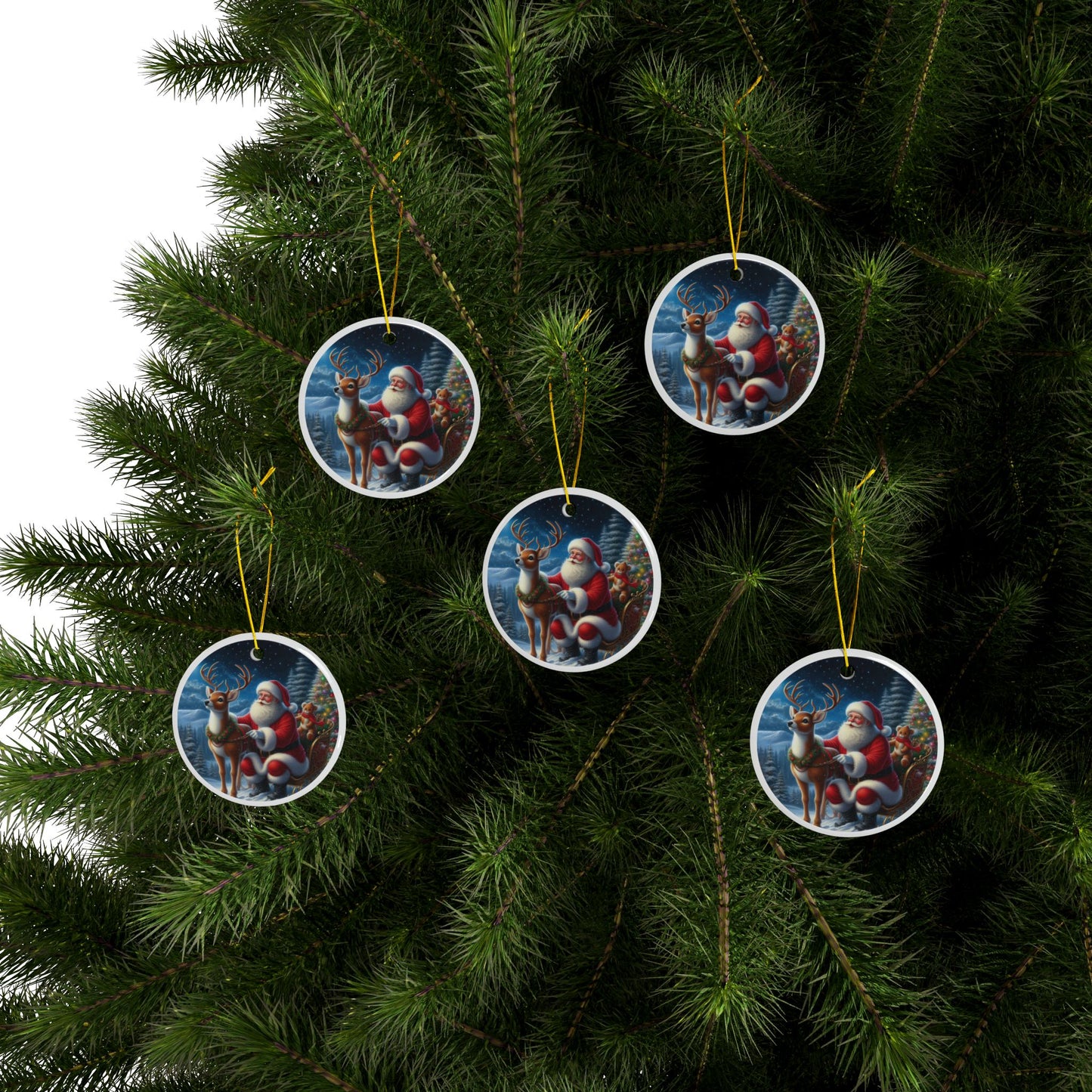 Santa’s Starry Night with Rudolph Christmas Ceramic Ornaments, 2-Side Print, (1pc, 3pcs, 5pcs, 10pcs)