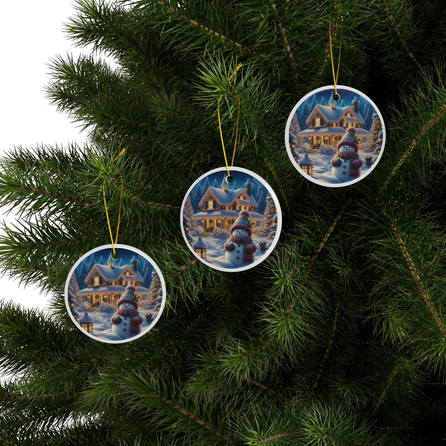 Snowman’s Starlit Charm Christmas Ceramic Ornaments, 2-Side Print, (1pc, 3pcs, 5pcs, 10pcs)