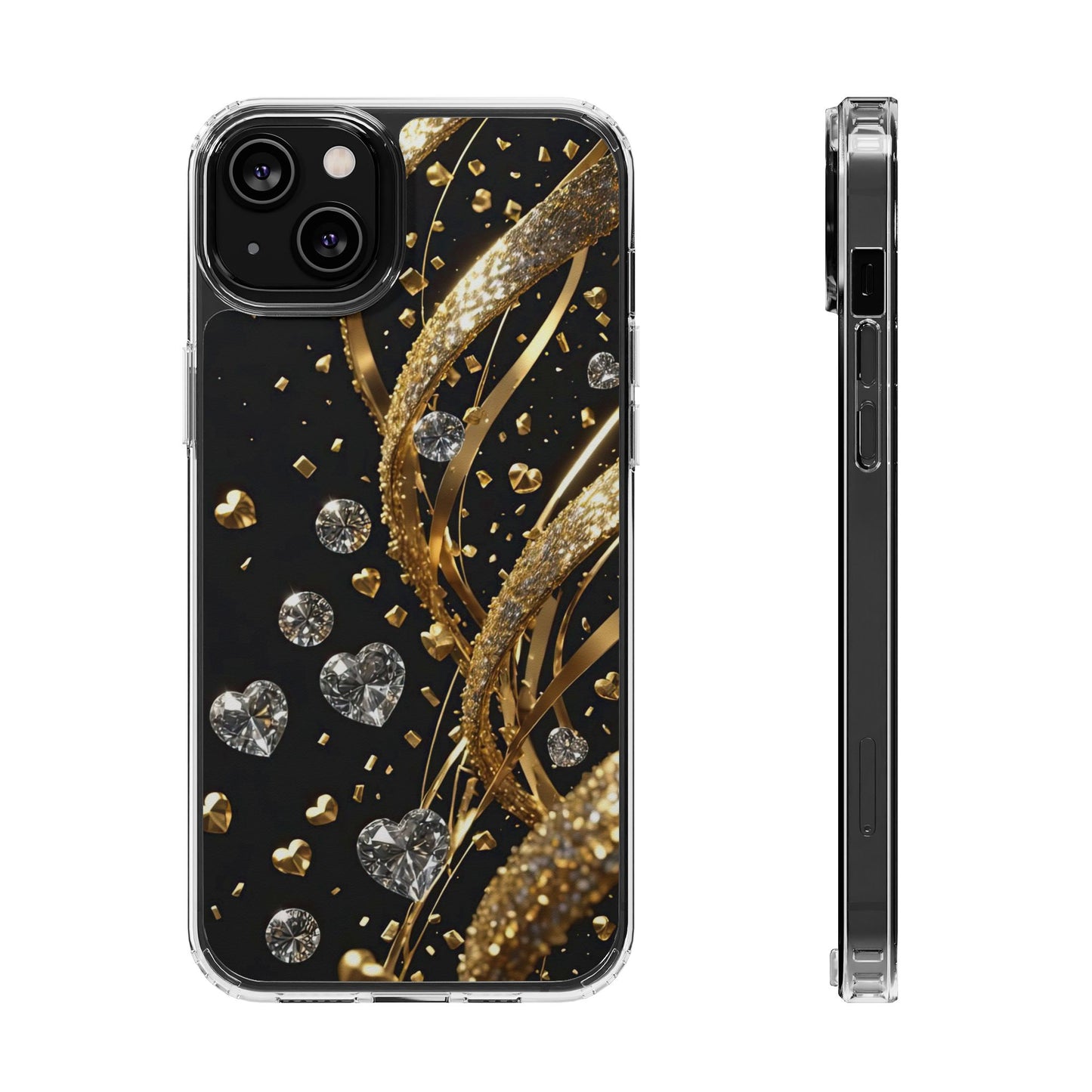 Gleaming Heart Clear Case, Elegant Gold Glitter, Sparkling Design