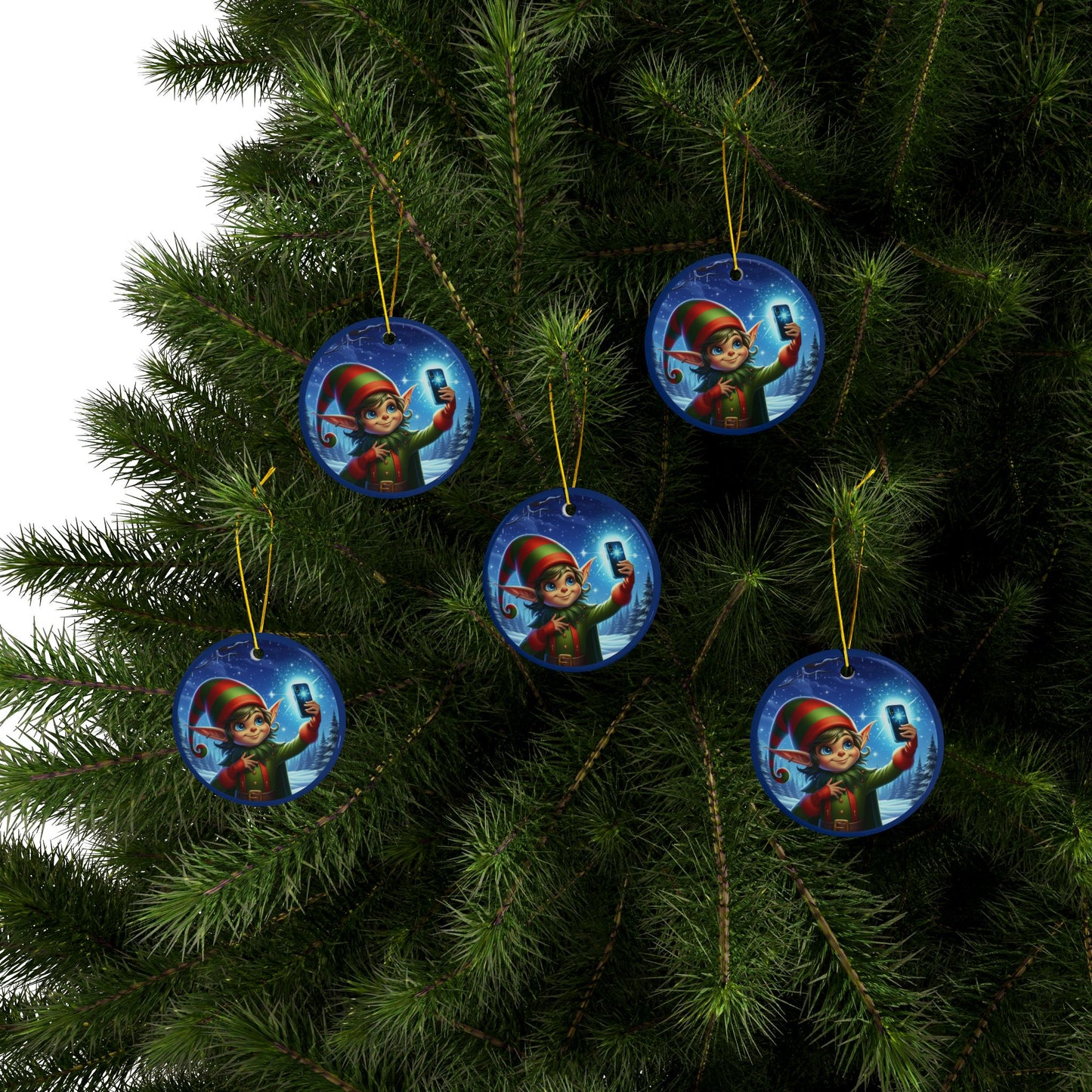 Elfie On The Selfie Ceramic Ornaments, 2-Side Print, (1pc, 3pcs, 5pcs, 10pcs)