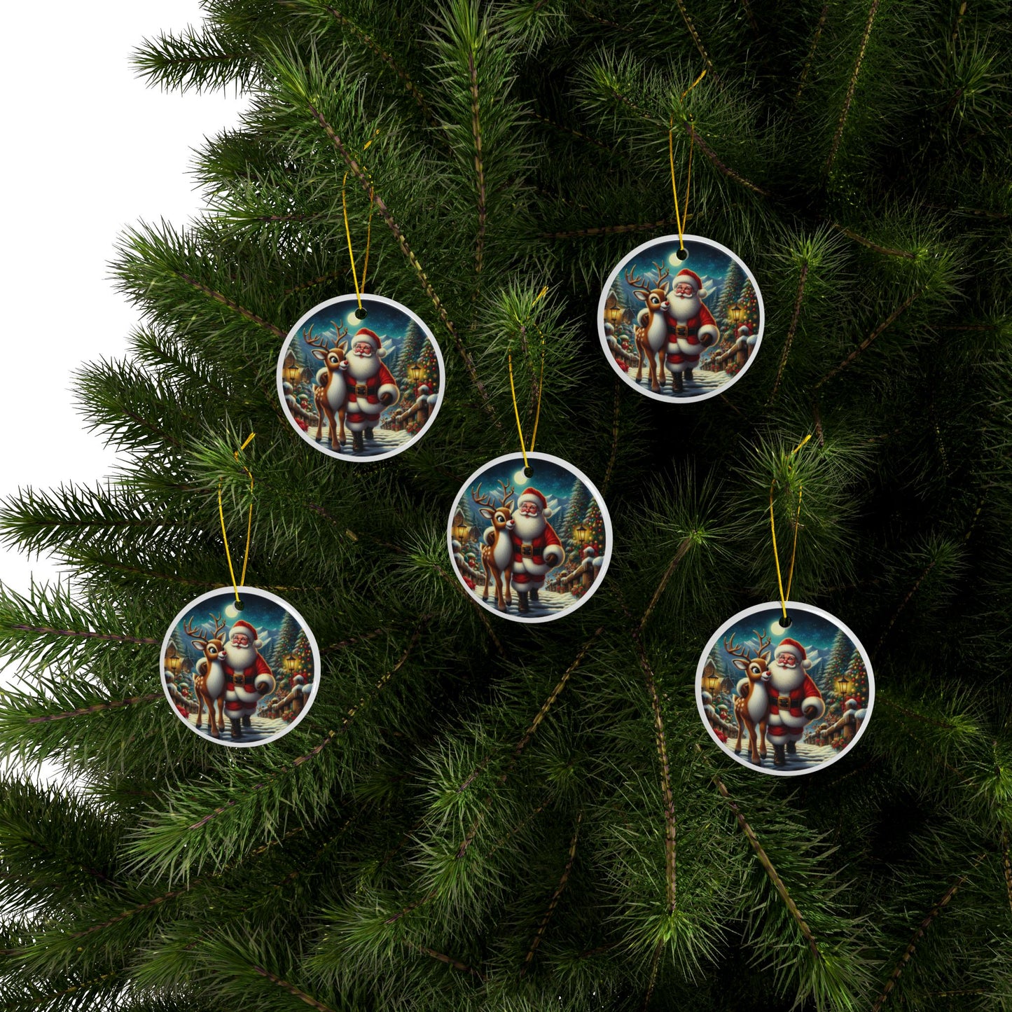 Santa and Rudolph’s Night of Magic Christmas Ceramic Ornaments, 2-Side Print, (1pc, 3pcs, 5pcs, 10pcs)