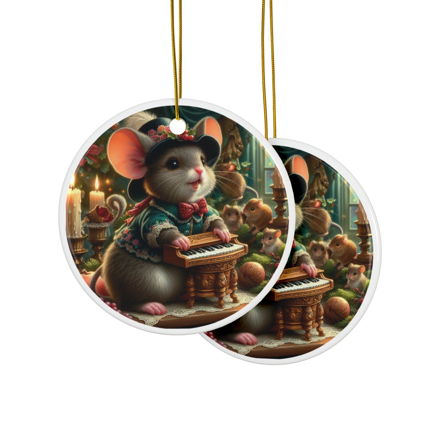 Victorian Mouse Pianist Christmas Ceramic Ornaments (1pcs, 3pcs, 5pcs, 10pcs) 2-Side Print