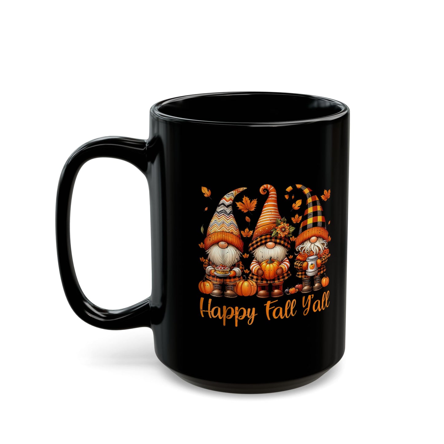 Happy Fall Y'all Gnome Mug, Black Coffee Cup for Autumn