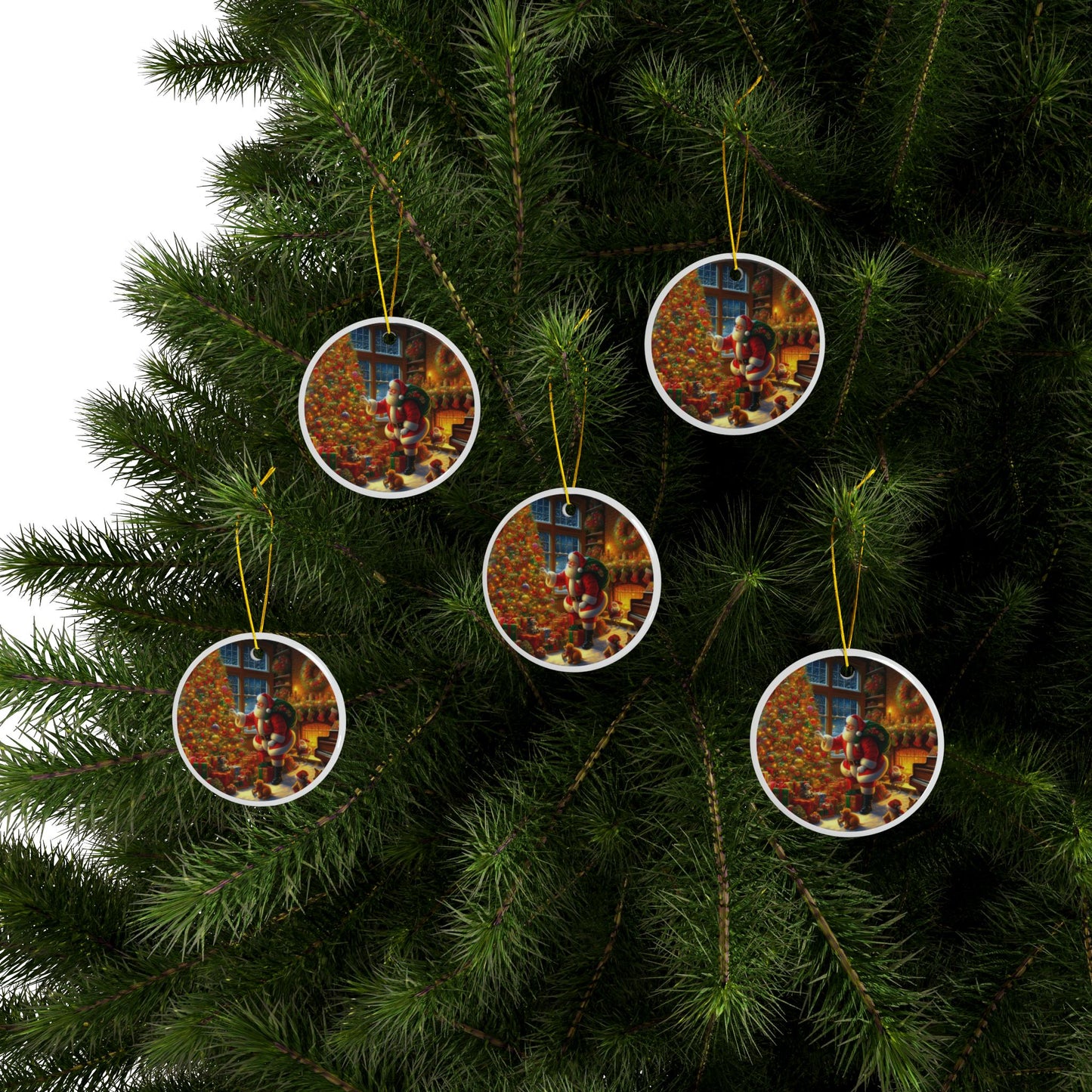 Santa’s Tree Decoration Delight Christmas Ceramic Ornaments, 2-Side Print, (1pc, 3pcs, 5pcs, 10pcs)