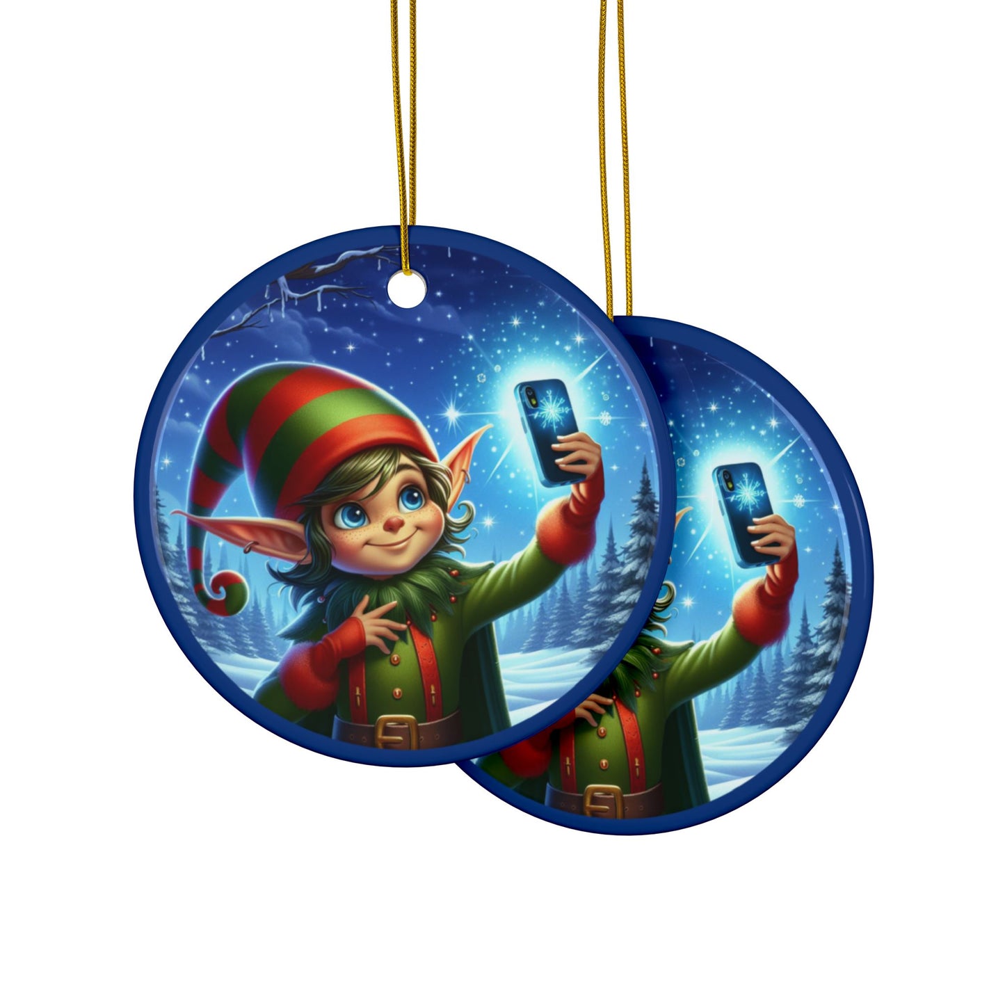 Elfie On The Selfie Ceramic Ornaments, 2-Side Print, (1pc, 3pcs, 5pcs, 10pcs)