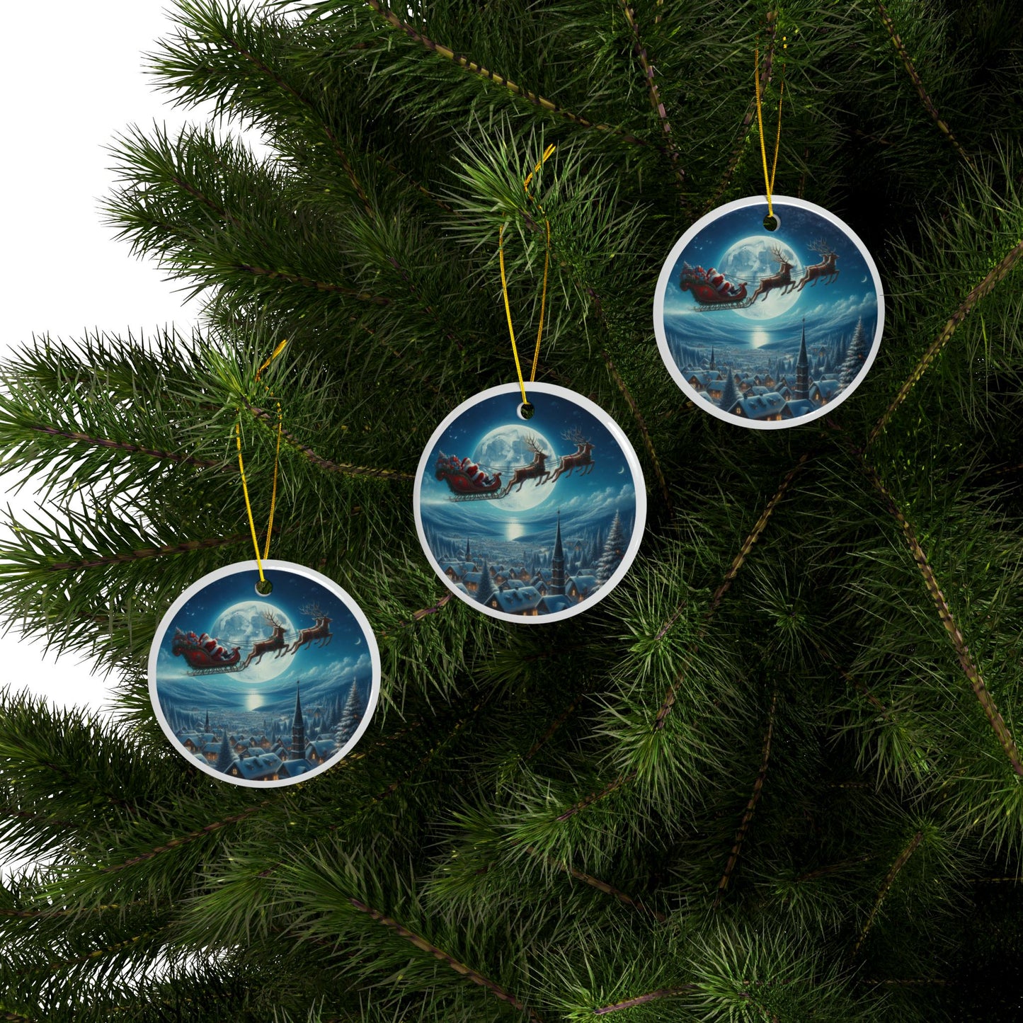 Magical Sleigh Ride Above Cheerland Christmas Ceramic Ornaments, 2-Side Print, (1pc, 3pcs, 5pcs, 10pcs)