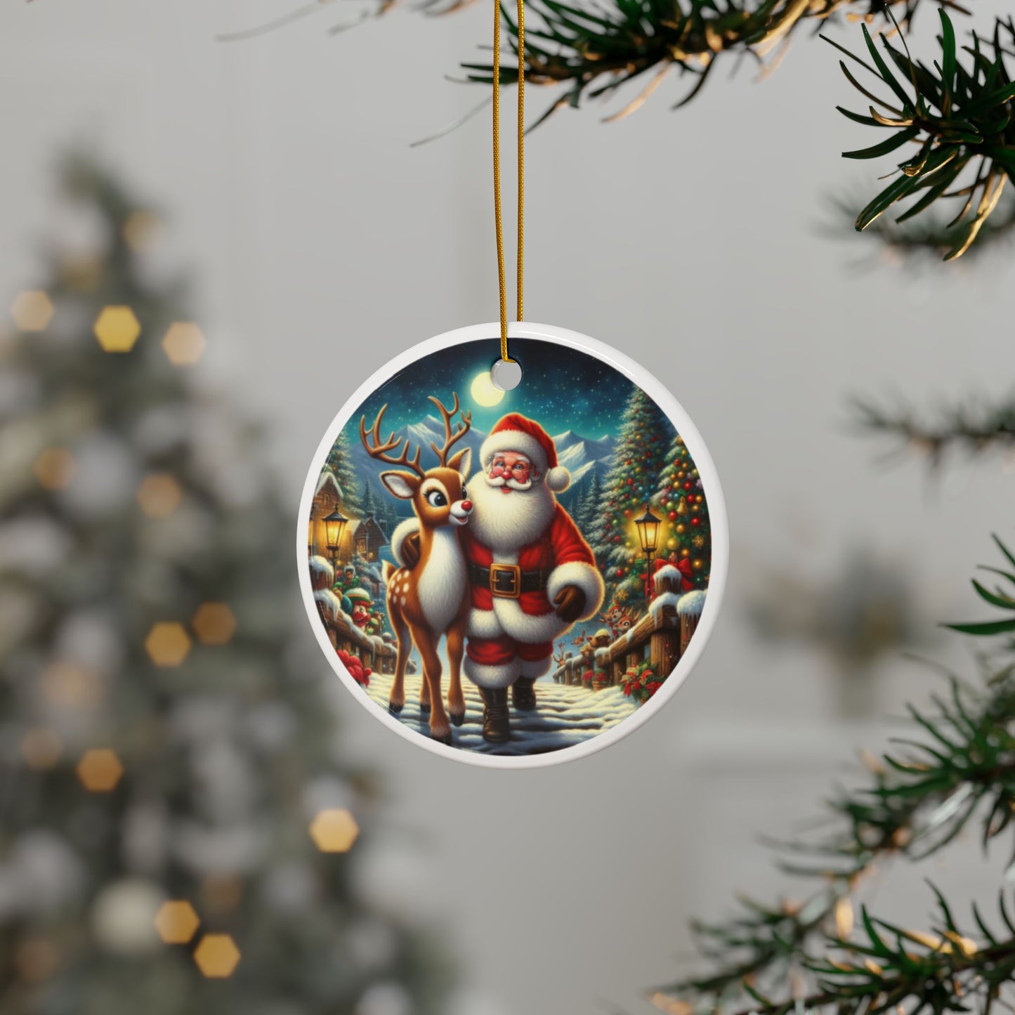 Santa and Rudolph’s Night of Magic Christmas Ceramic Ornaments, 2-Side Print, (1pc, 3pcs, 5pcs, 10pcs)