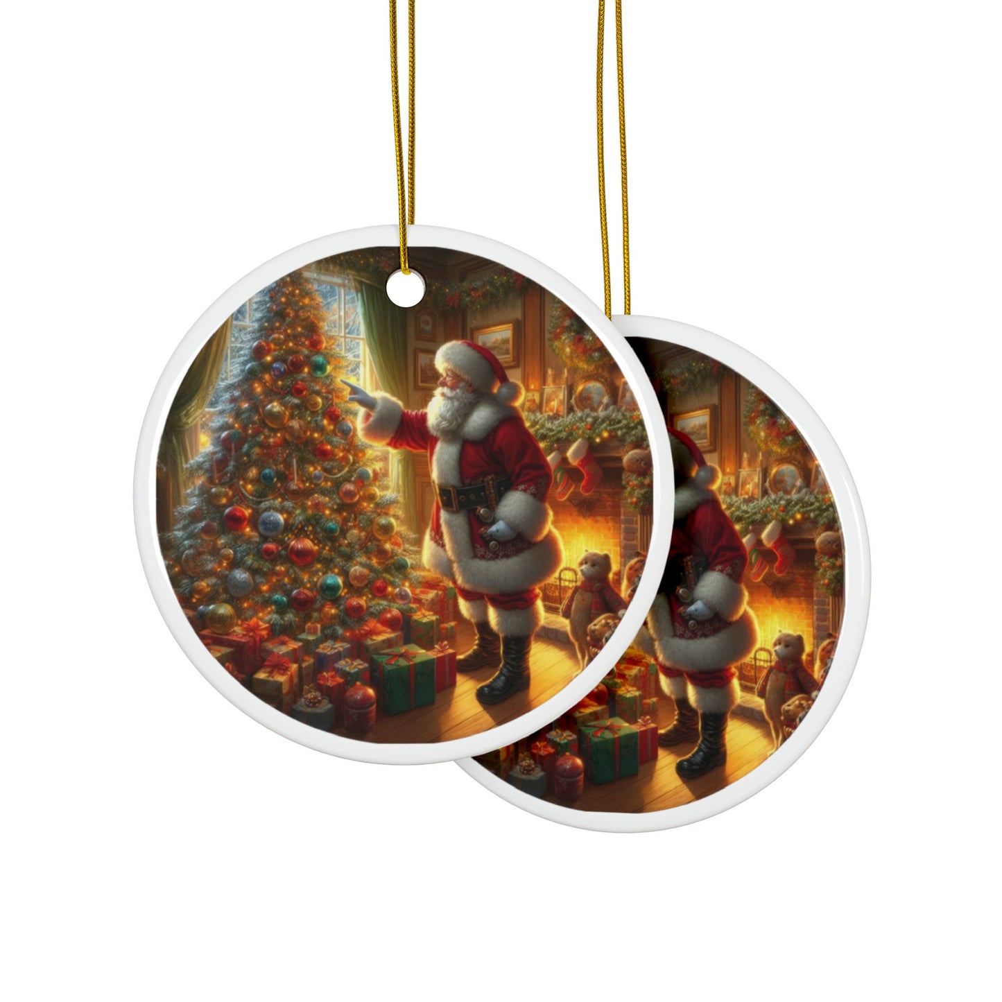 The Final Touches: Santa and the Tree Christmas Ceramic Ornaments, 2-Side Print, (1pc, 3pcs, 5pcs, 10pcs)