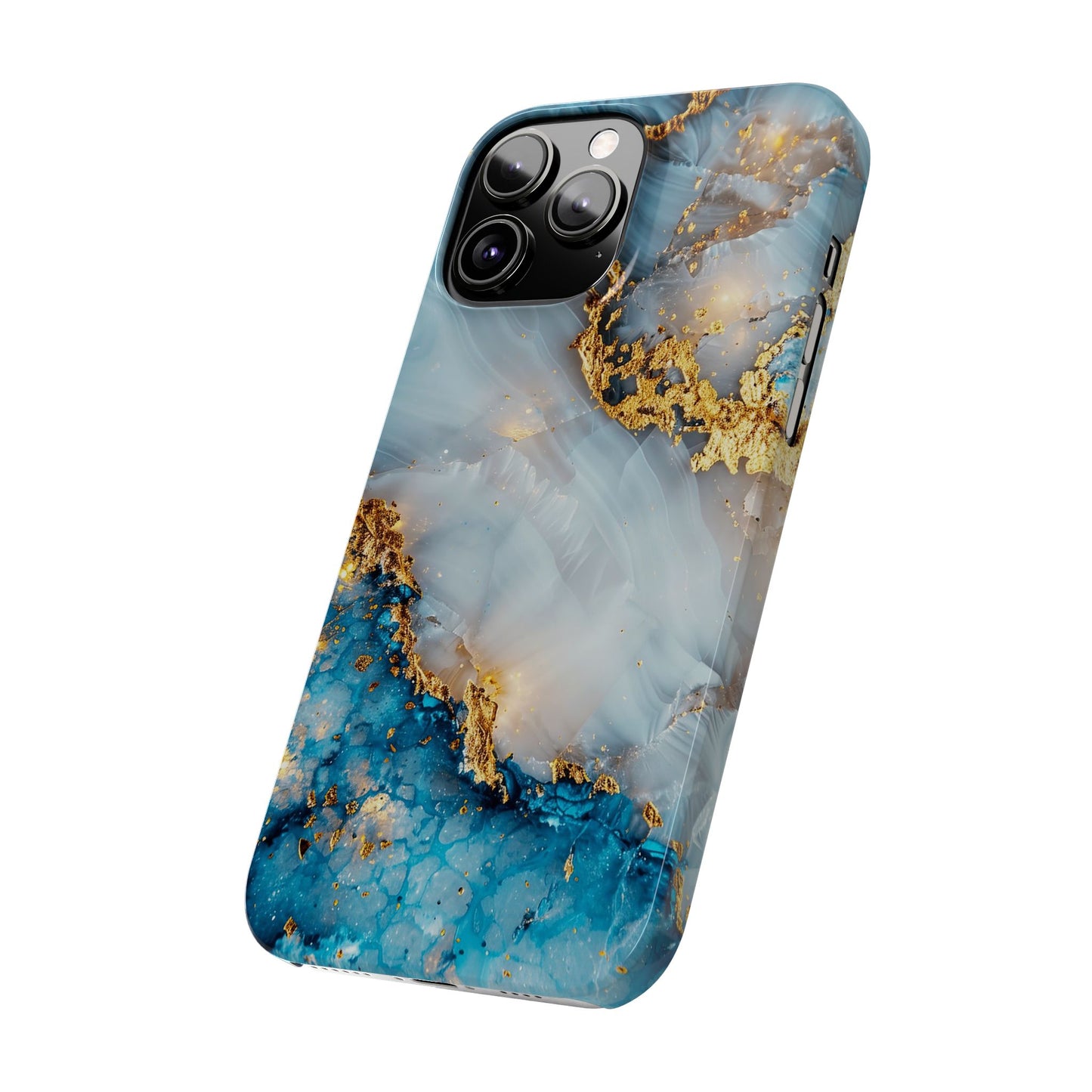 Marble Luxe Slim iPhone Case, Elegant Blue & Gold Design