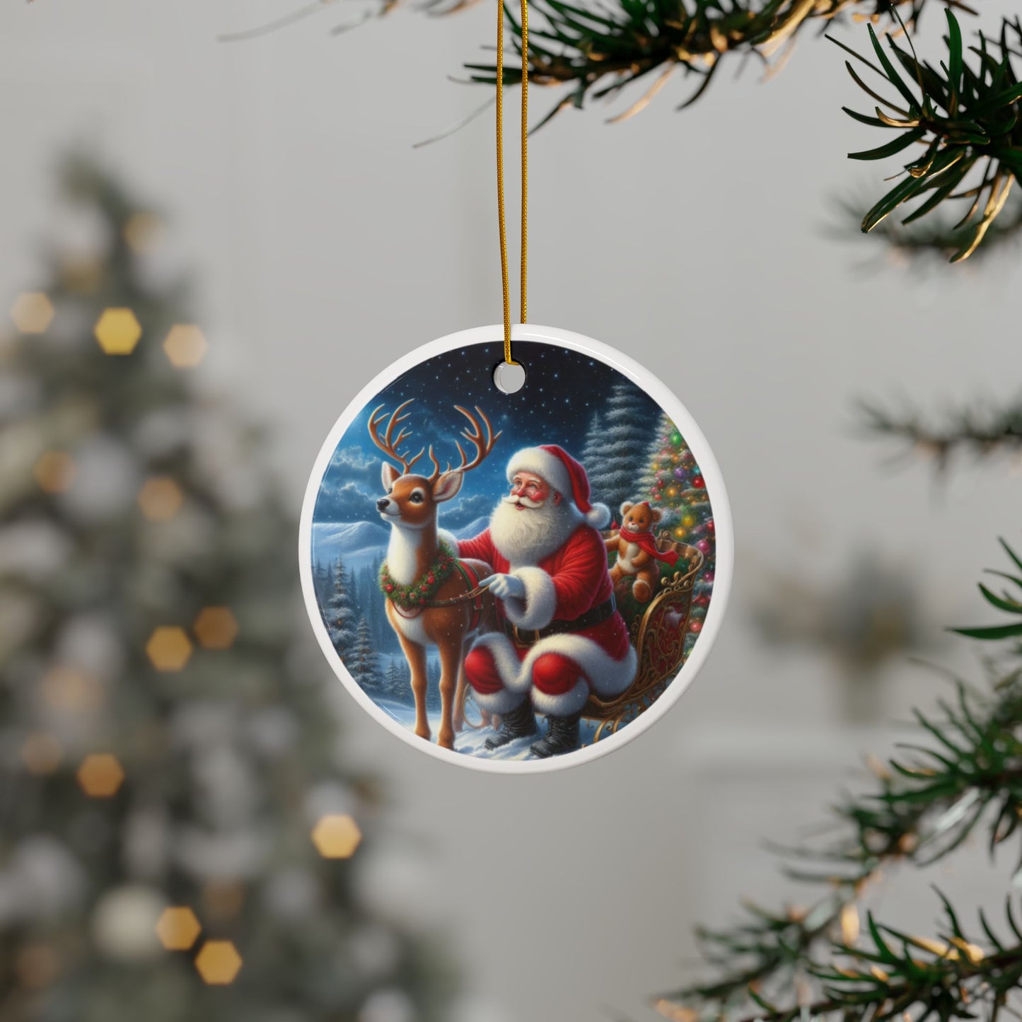 Santa’s Starry Night with Rudolph Christmas Ceramic Ornaments, 2-Side Print, (1pc, 3pcs, 5pcs, 10pcs)