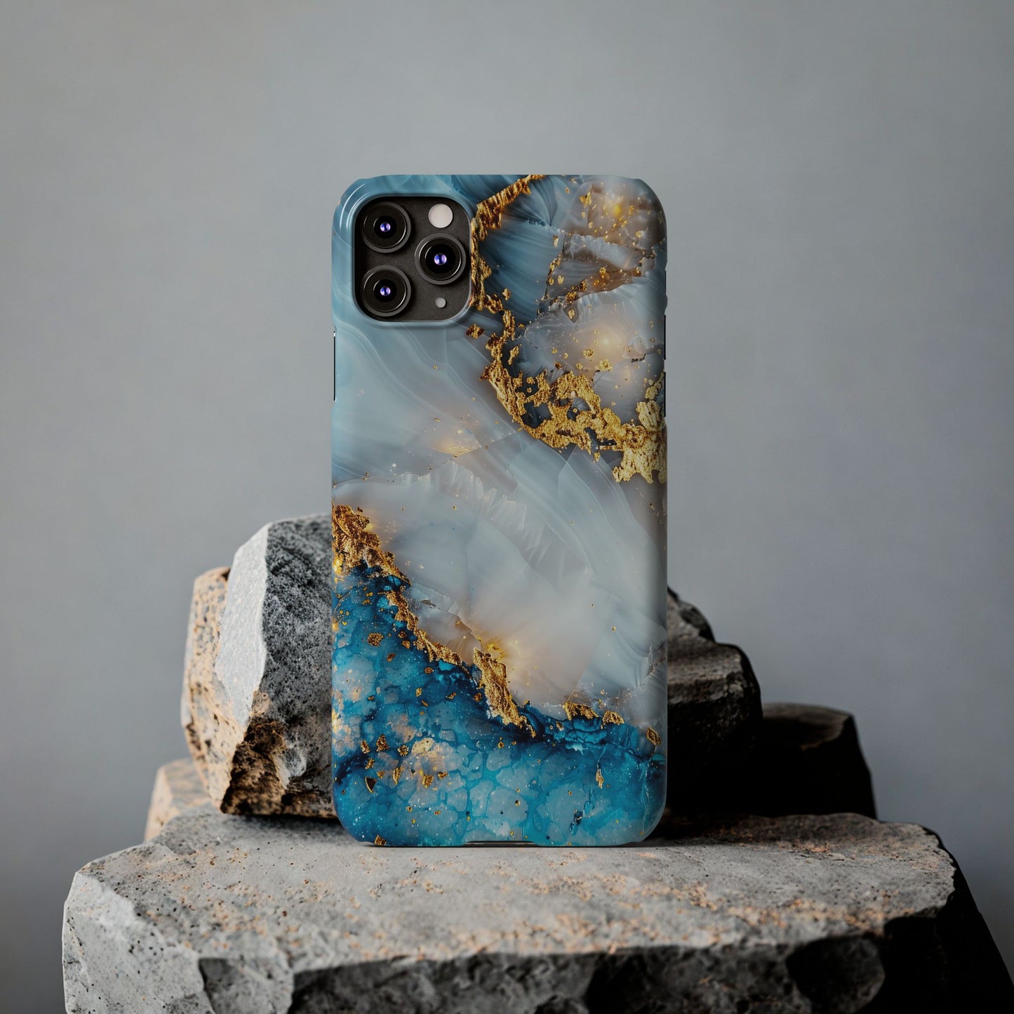 Marble Luxe Slim iPhone Case, Elegant Blue & Gold Design