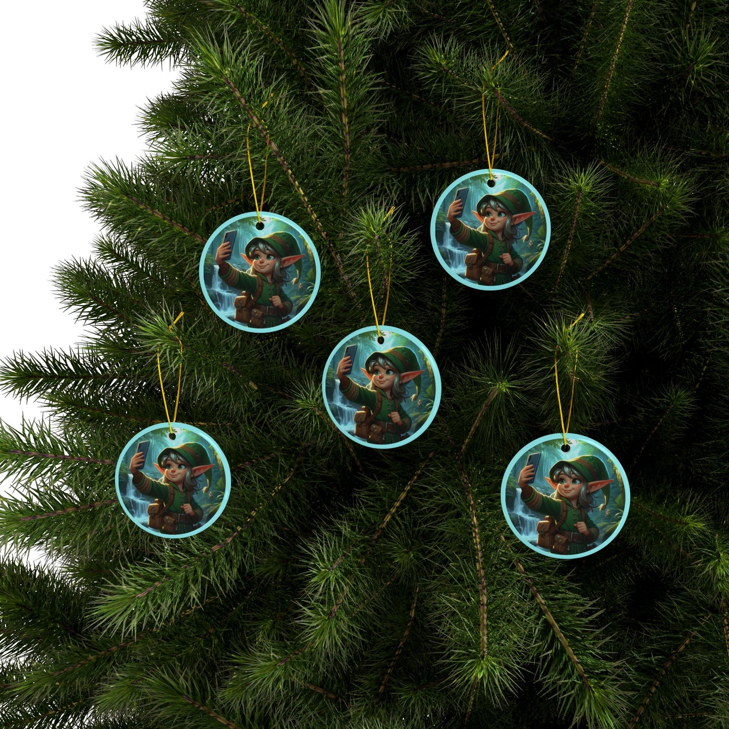 Elfie Selfie Ceramic Ornaments, 2-Side Print, (1pc, 3pcs, 5pcs, 10pcs)