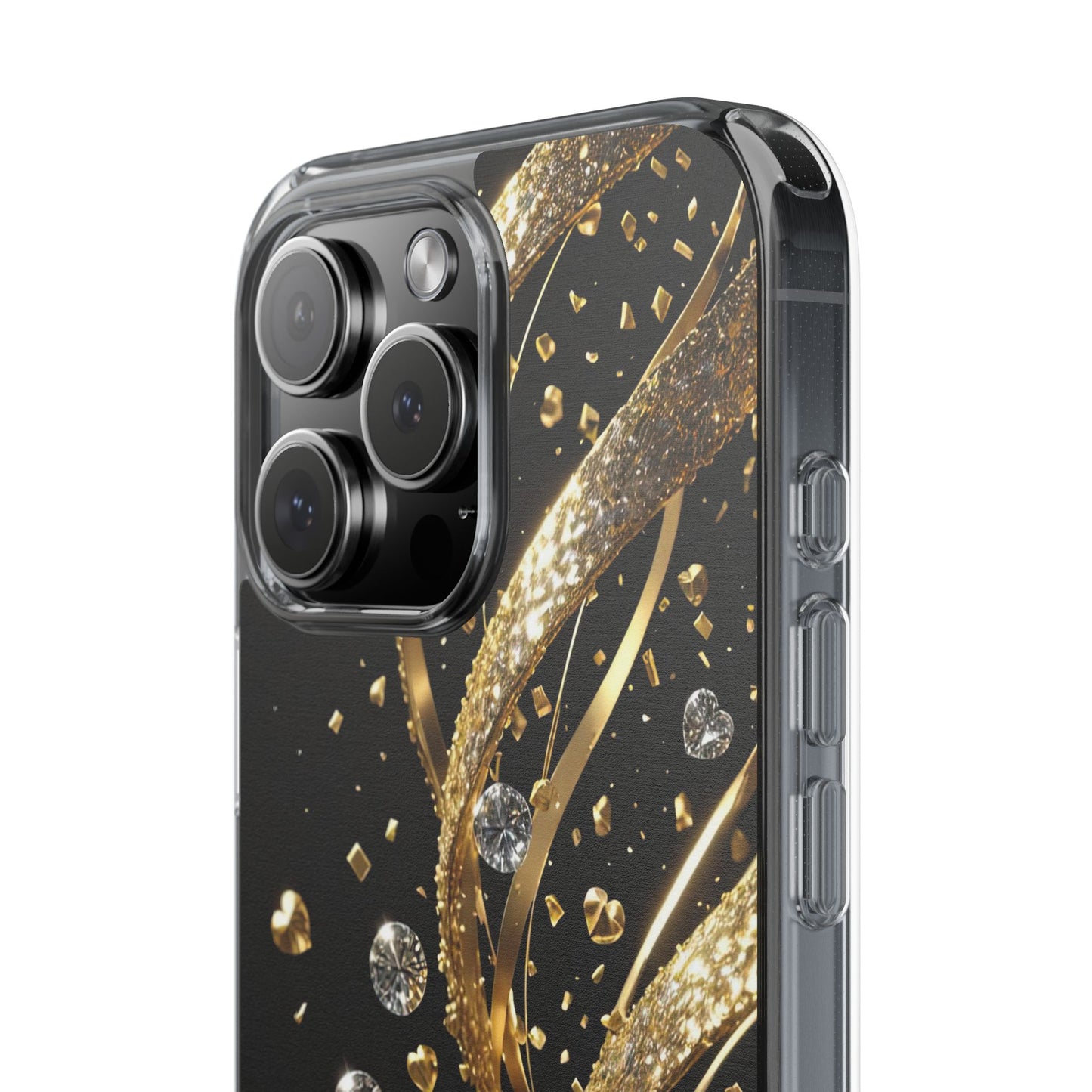 Gleaming Heart Clear Case, Elegant Gold Glitter, Sparkling Design