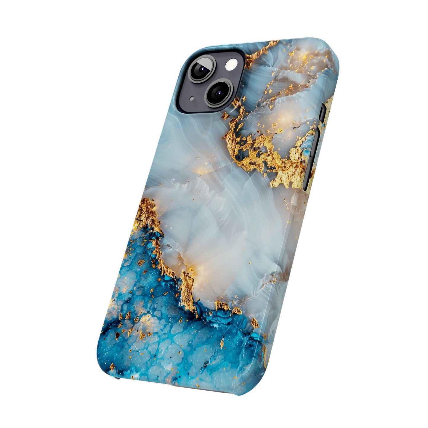 Marble Luxe Slim iPhone Case, Elegant Blue & Gold Design