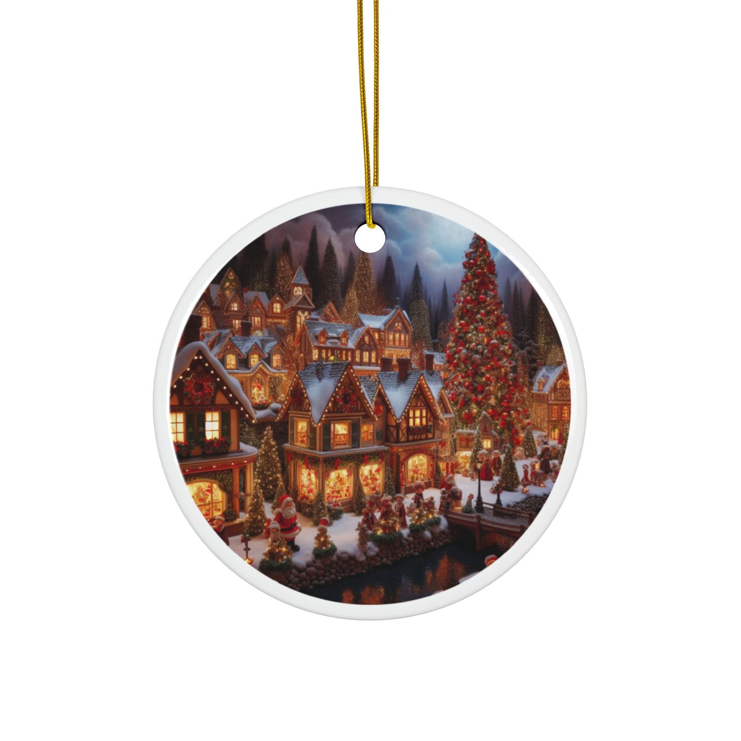 Santa’s Winter Wonderland Village Ceramic Ornaments, 2-Side Print, (1pc, 3pcs, 5pcs, 10pcs)