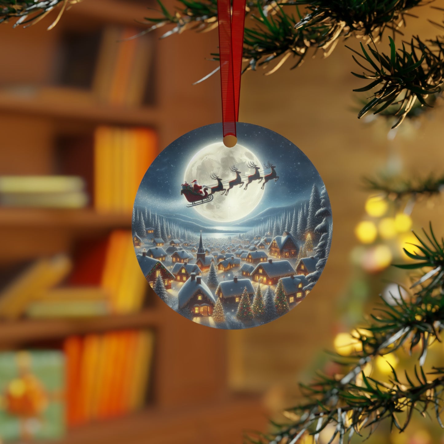 Santa’s Moonlit Village Flight Metal Ornaments, 2-Side Print