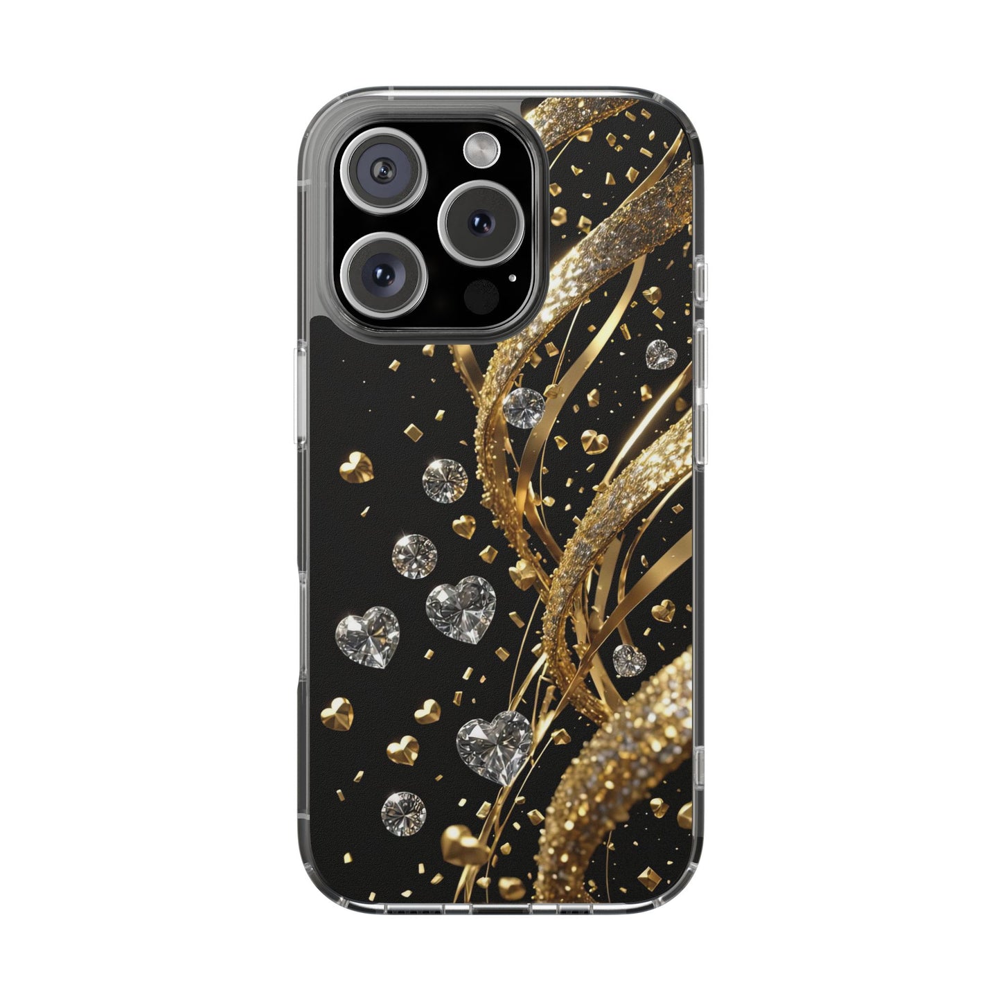 Gleaming Heart Clear Case, Elegant Gold Glitter, Sparkling Design