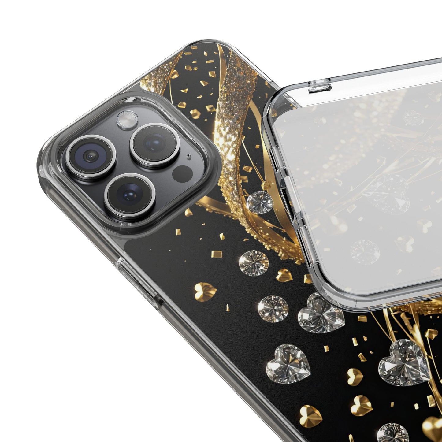 Gleaming Heart Clear Case, Elegant Gold Glitter, Sparkling Design