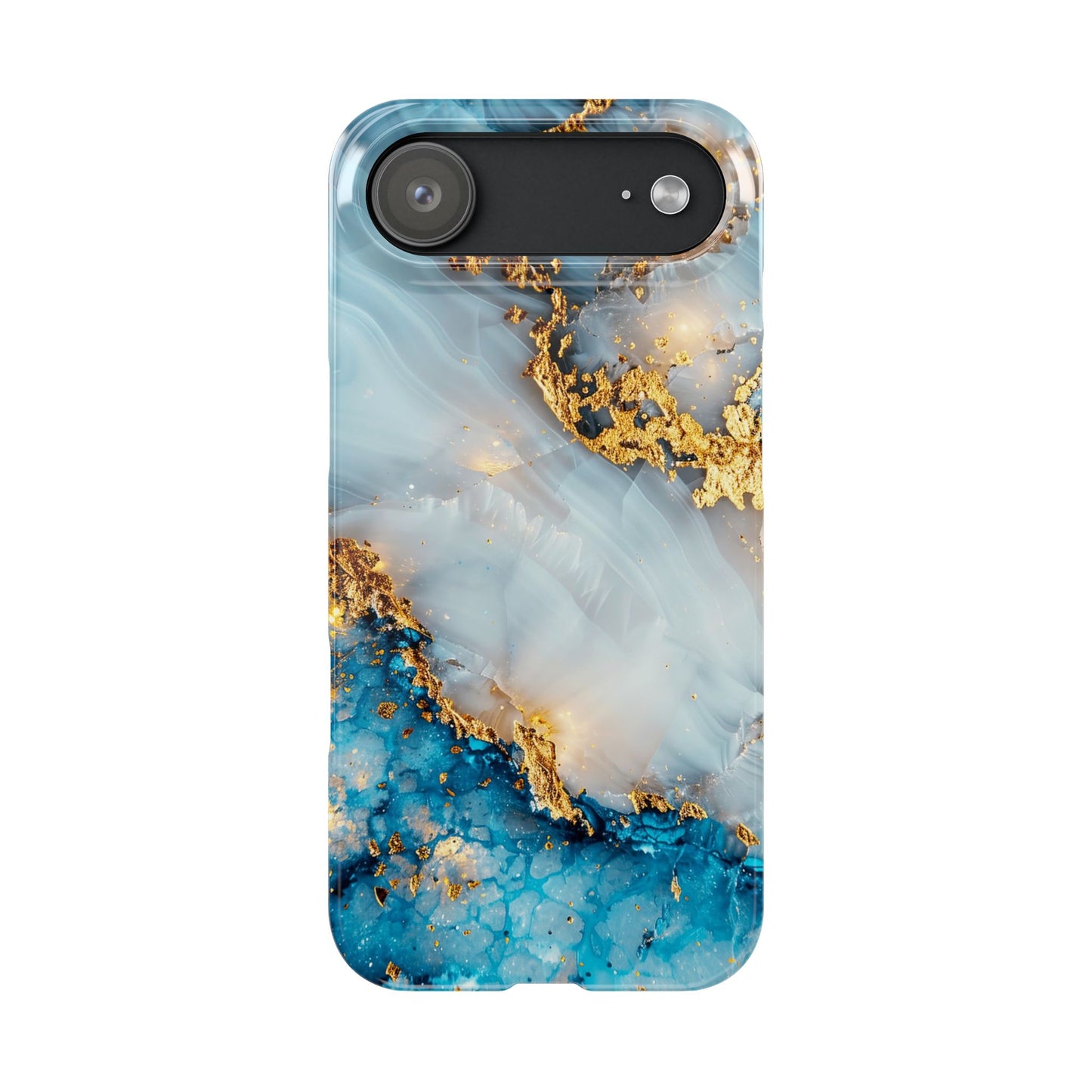 Marble Luxe Slim iPhone Case, Elegant Blue & Gold Design