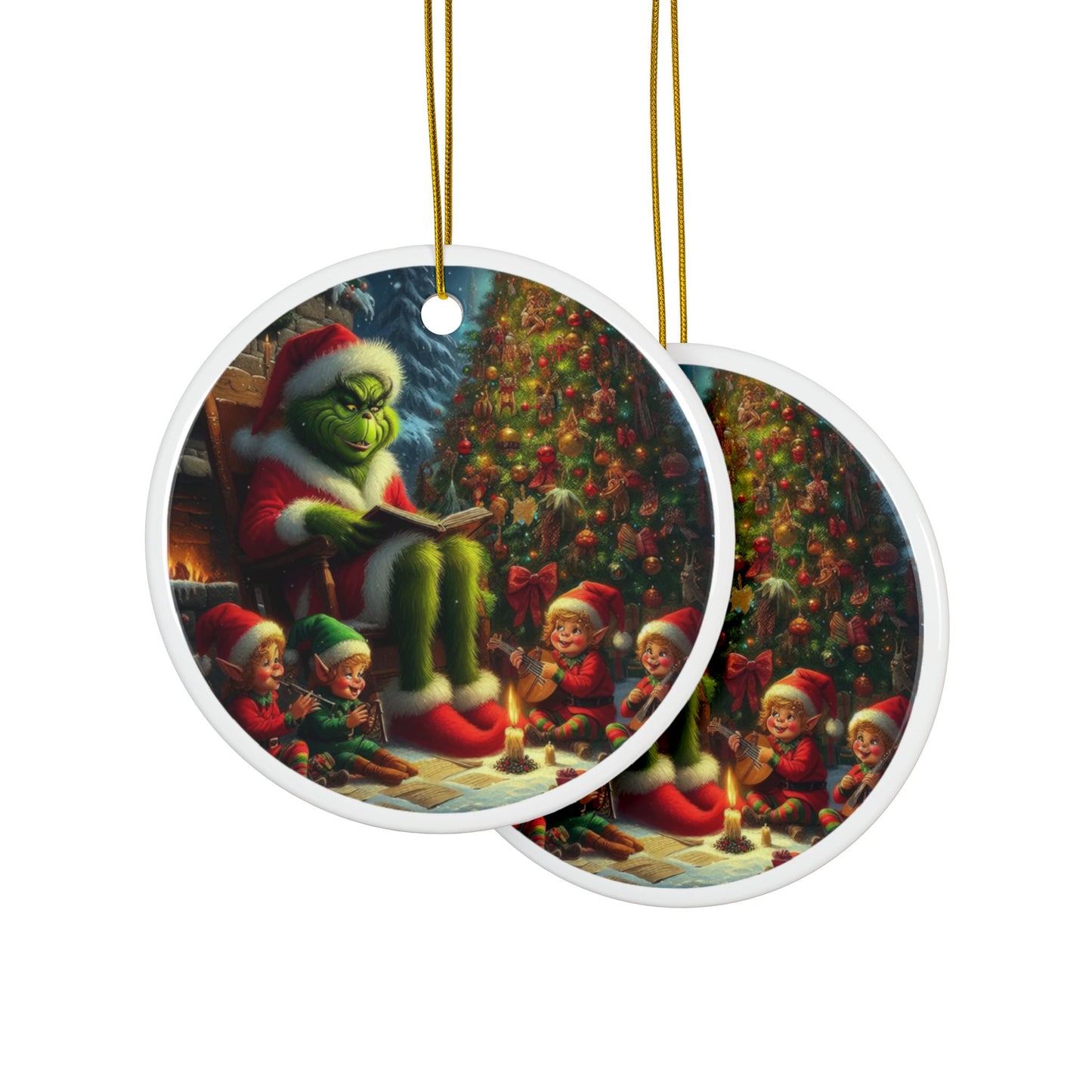 Grinch’s Magical Story Hour Christmas Ceramic Ornaments, 2-Side Print, (1pc, 3pcs, 5pcs, 10pcs)