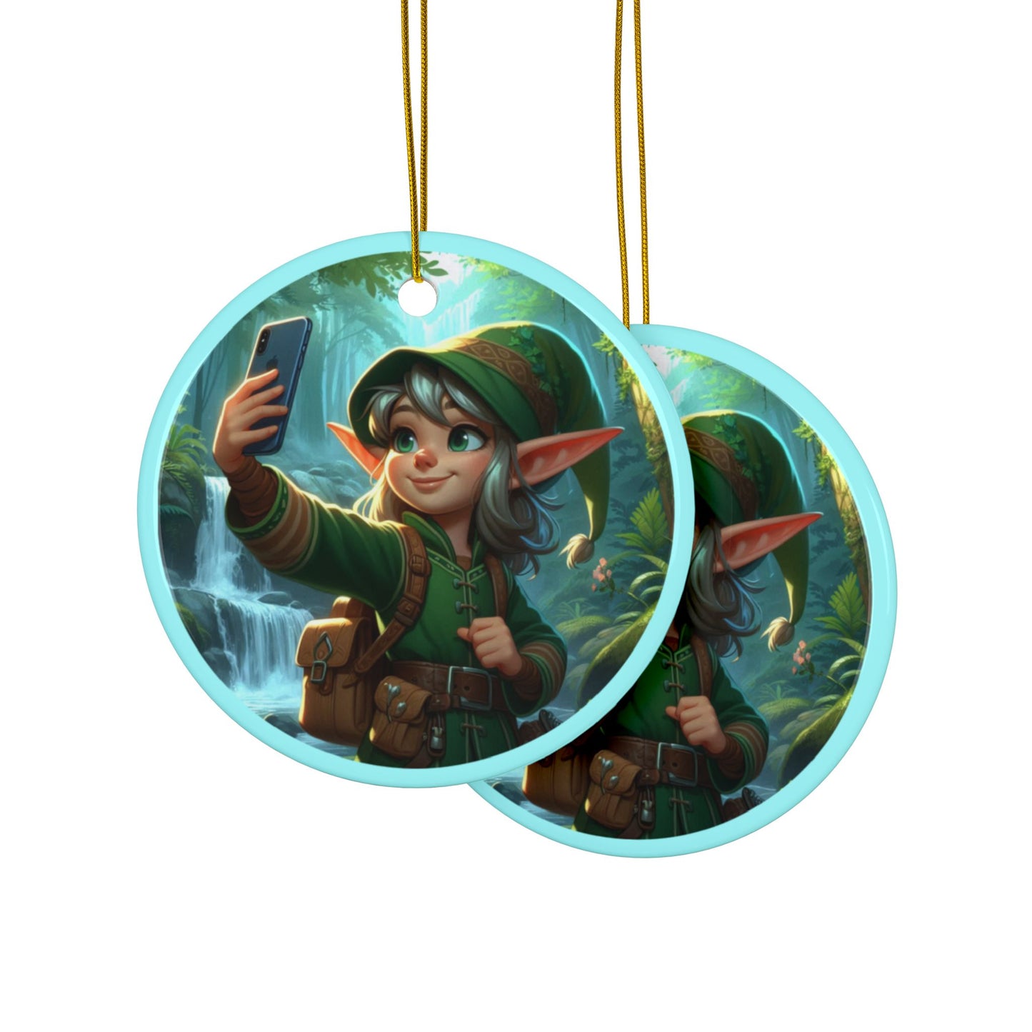 Elfie Selfie Ceramic Ornaments, 2-Side Print, (1pc, 3pcs, 5pcs, 10pcs)