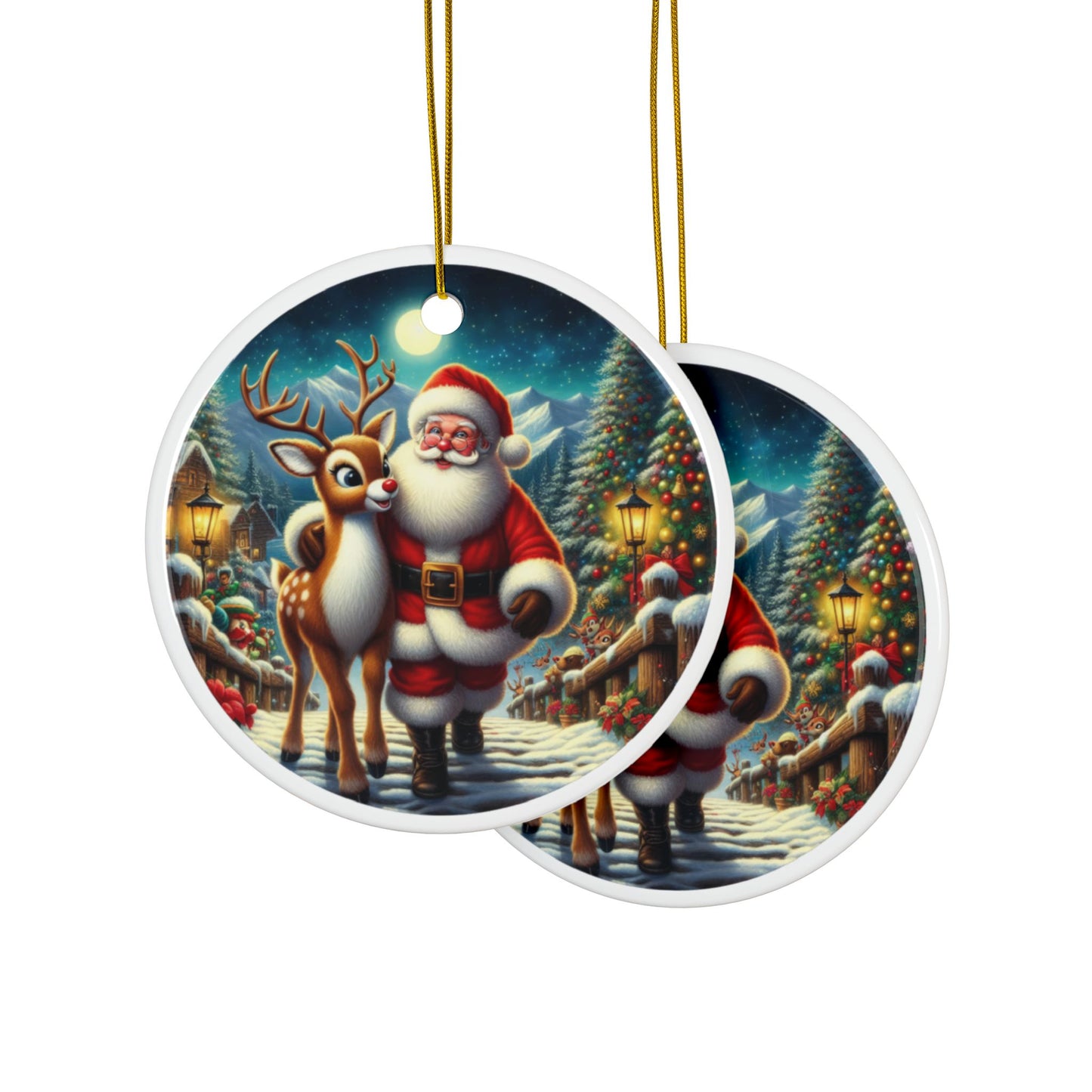 Santa and Rudolph’s Night of Magic Christmas Ceramic Ornaments, 2-Side Print, (1pc, 3pcs, 5pcs, 10pcs)