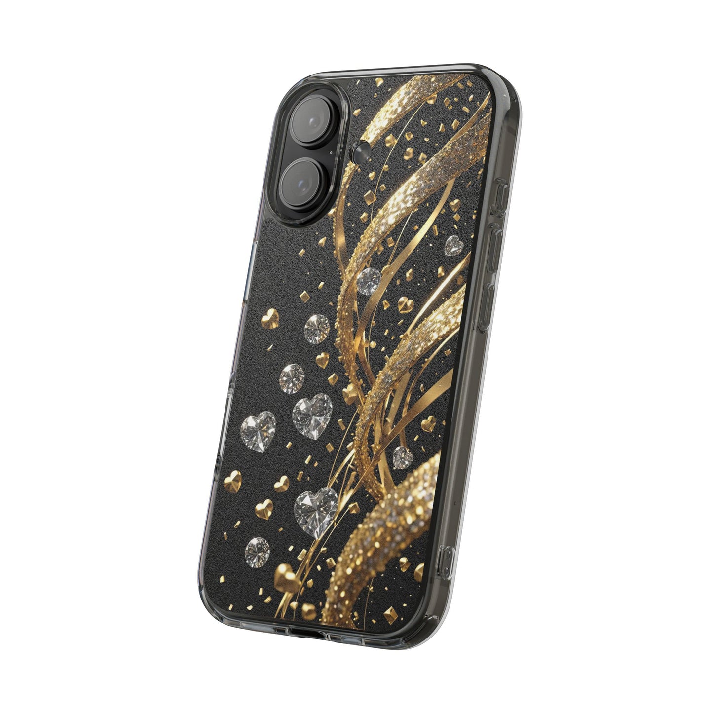 Gleaming Heart Clear Case, Elegant Gold Glitter, Sparkling Design
