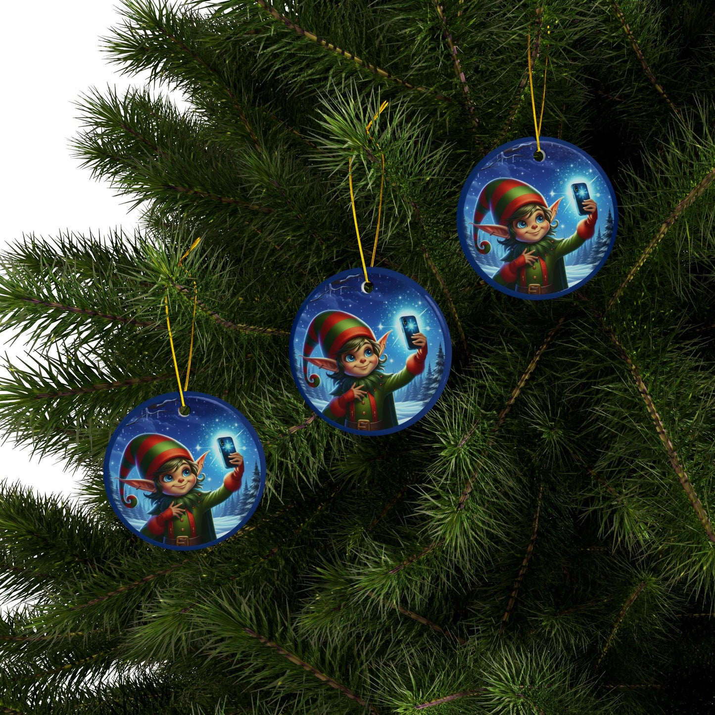 Elfie On The Selfie Ceramic Ornaments, 2-Side Print, (1pc, 3pcs, 5pcs, 10pcs)