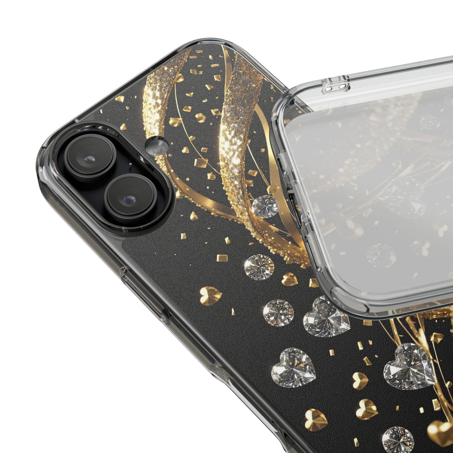 Gleaming Heart Clear Case, Elegant Gold Glitter, Sparkling Design