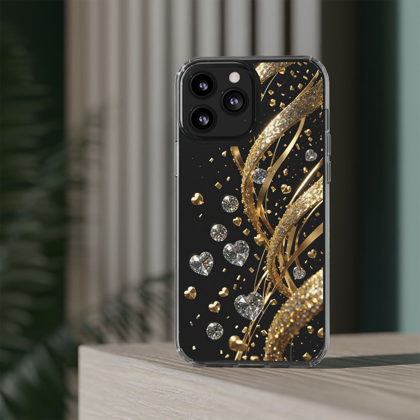 Gleaming Heart Clear Case, Elegant Gold Glitter, Sparkling Design