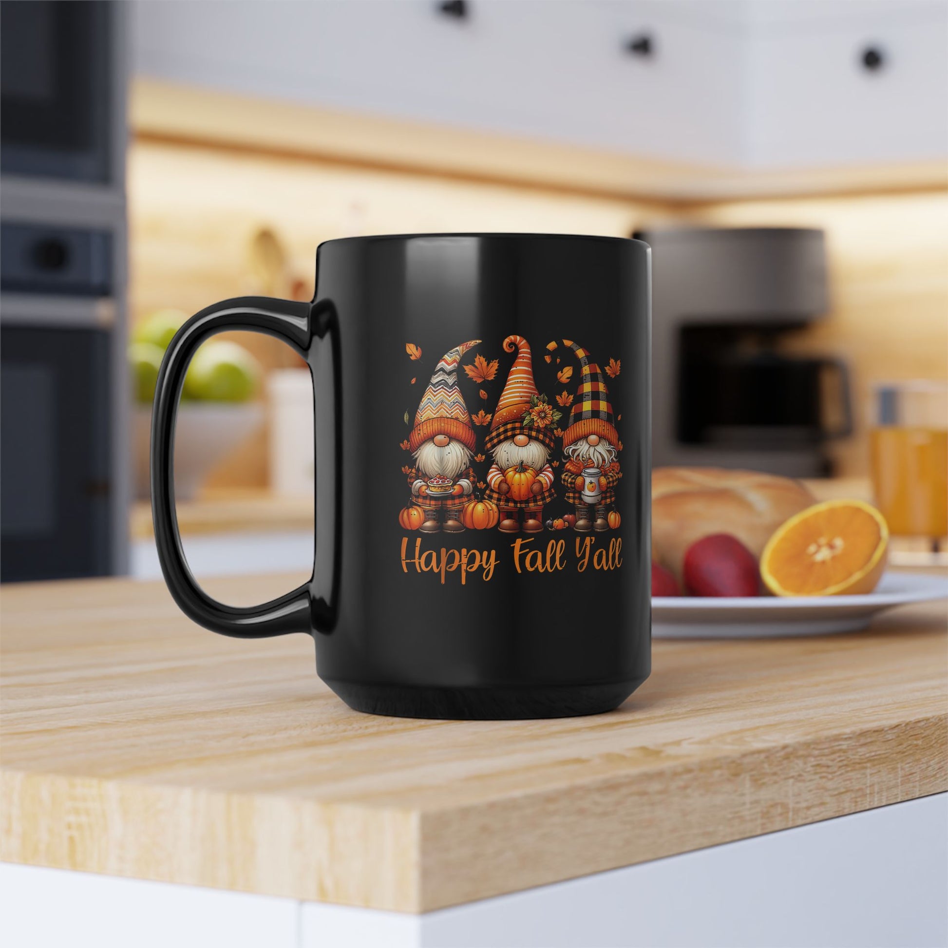 Happy Fall Y'all Gnome Mug, Black Coffee Cup for Autumn
