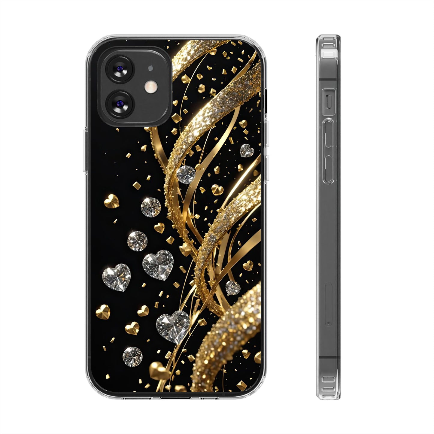 Gleaming Heart Clear Case, Elegant Gold Glitter, Sparkling Design