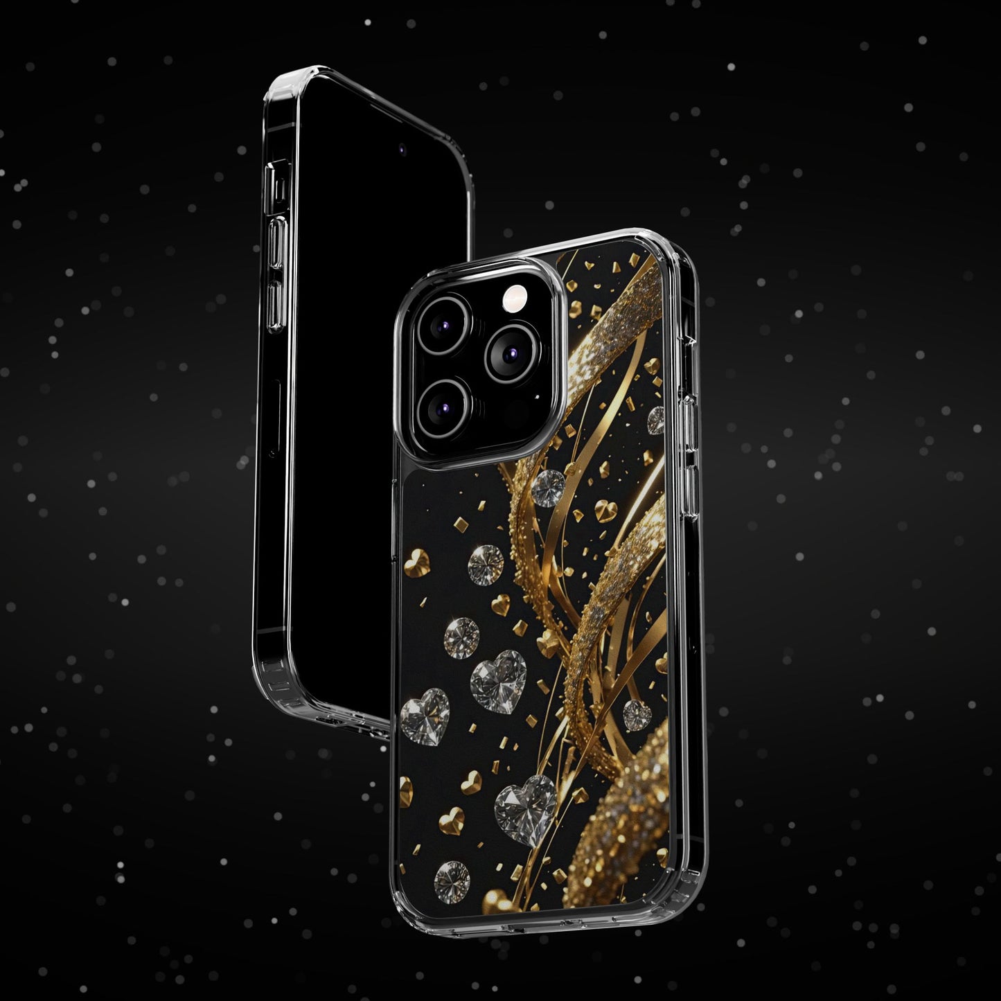 Gleaming Heart Clear Case, Elegant Gold Glitter, Sparkling Design