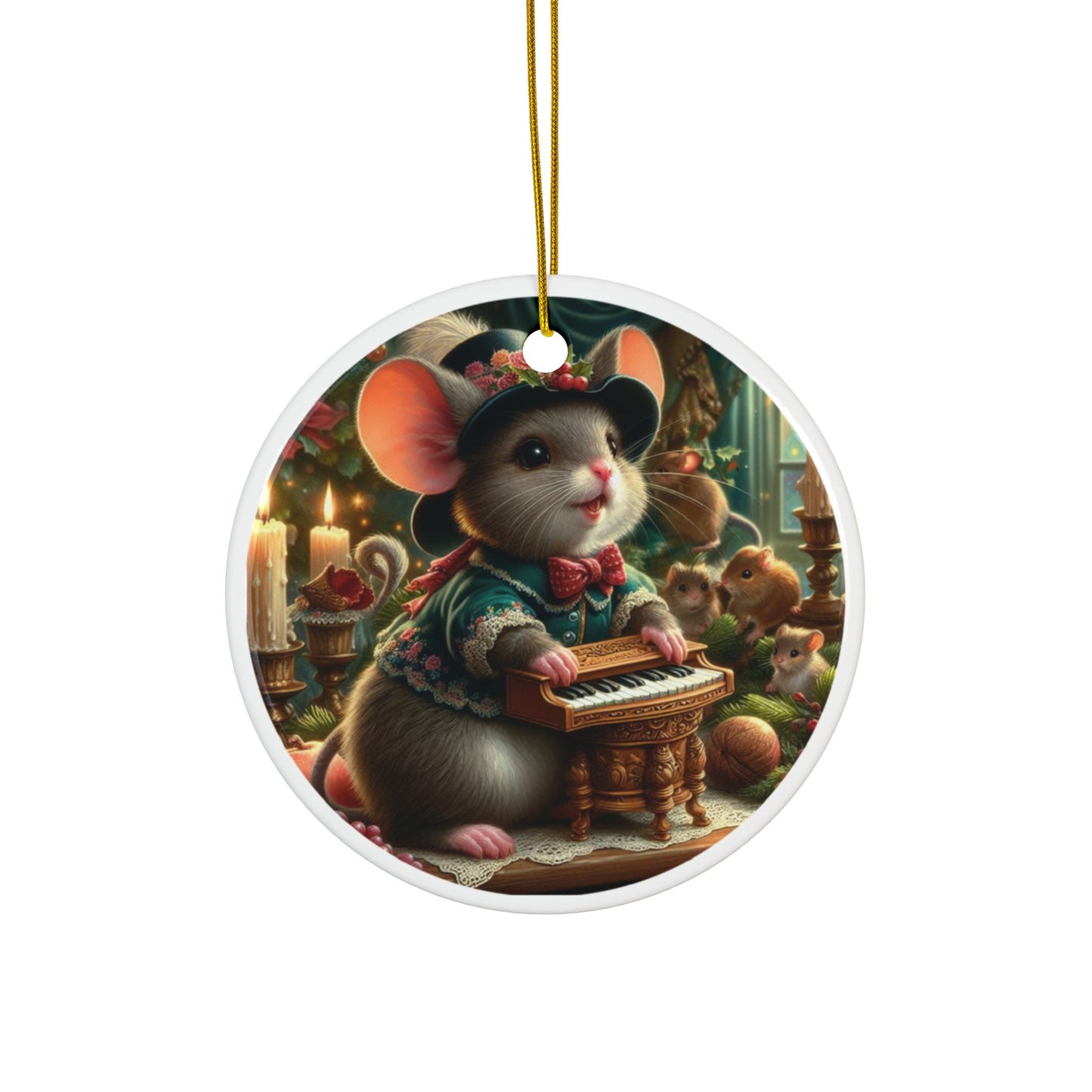 Victorian Mouse Pianist Christmas Ceramic Ornaments (1pcs, 3pcs, 5pcs, 10pcs) 2-Side Print