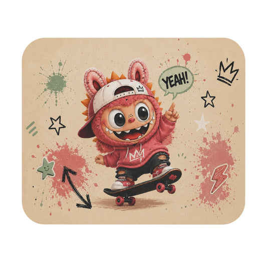 Skater Monster Mouse Pad — Cute Cartoon Skateboard Desk Mat ("Yeah!")