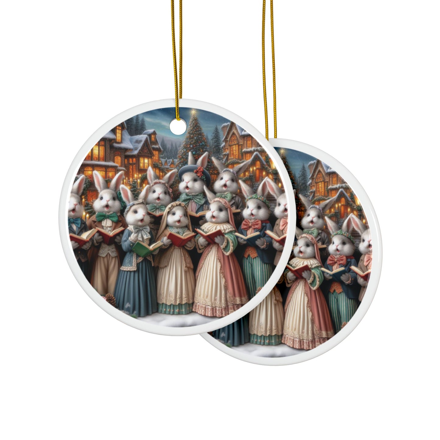 Victorian Bunny Carols Ceramic Ornaments, 2-Side Print, (1pc, 3pcs, 5pcs, 10pcs)