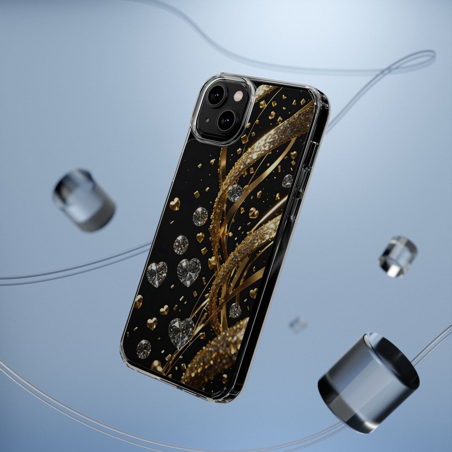 Gleaming Heart Clear Case, Elegant Gold Glitter, Sparkling Design