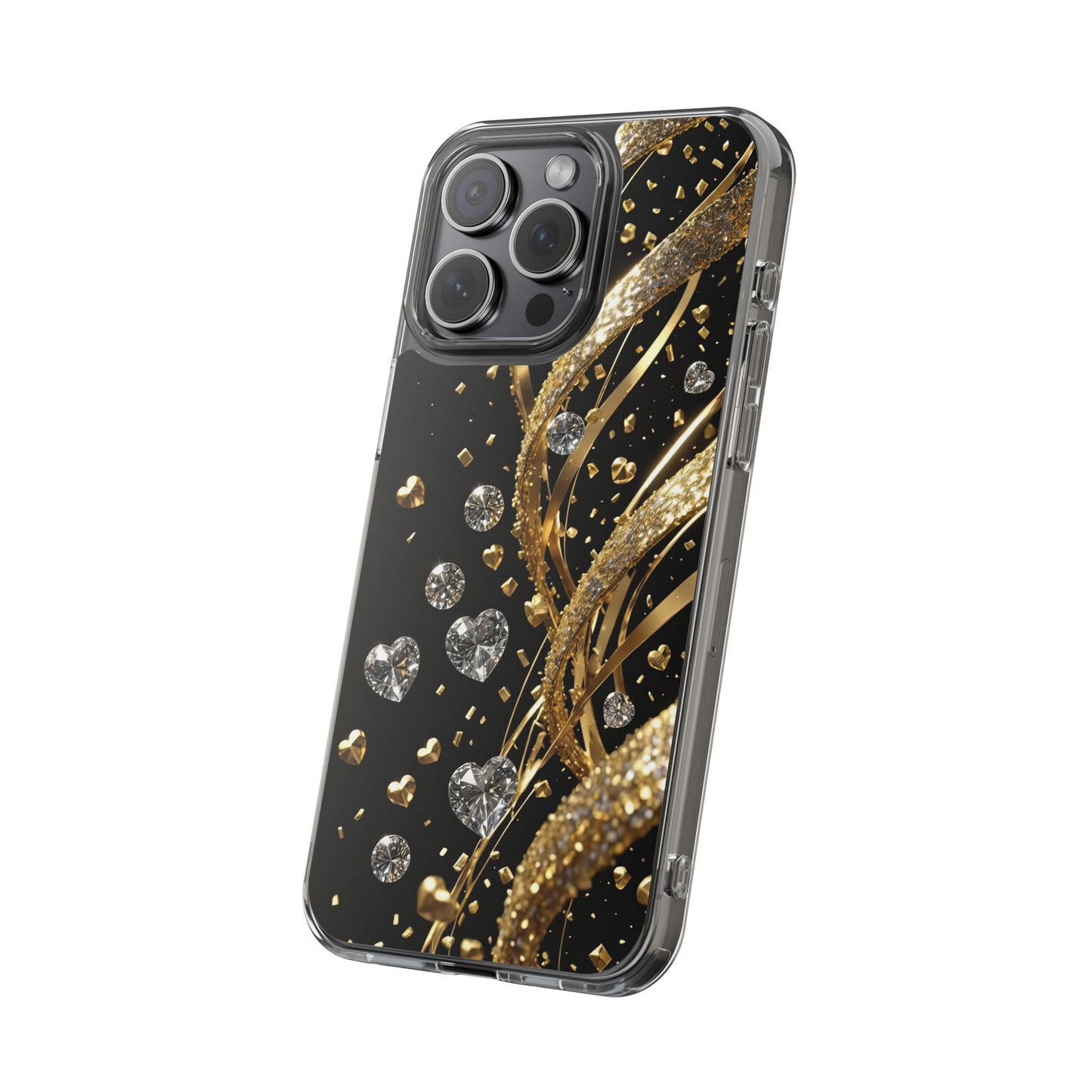 Gleaming Heart Clear Case, Elegant Gold Glitter, Sparkling Design