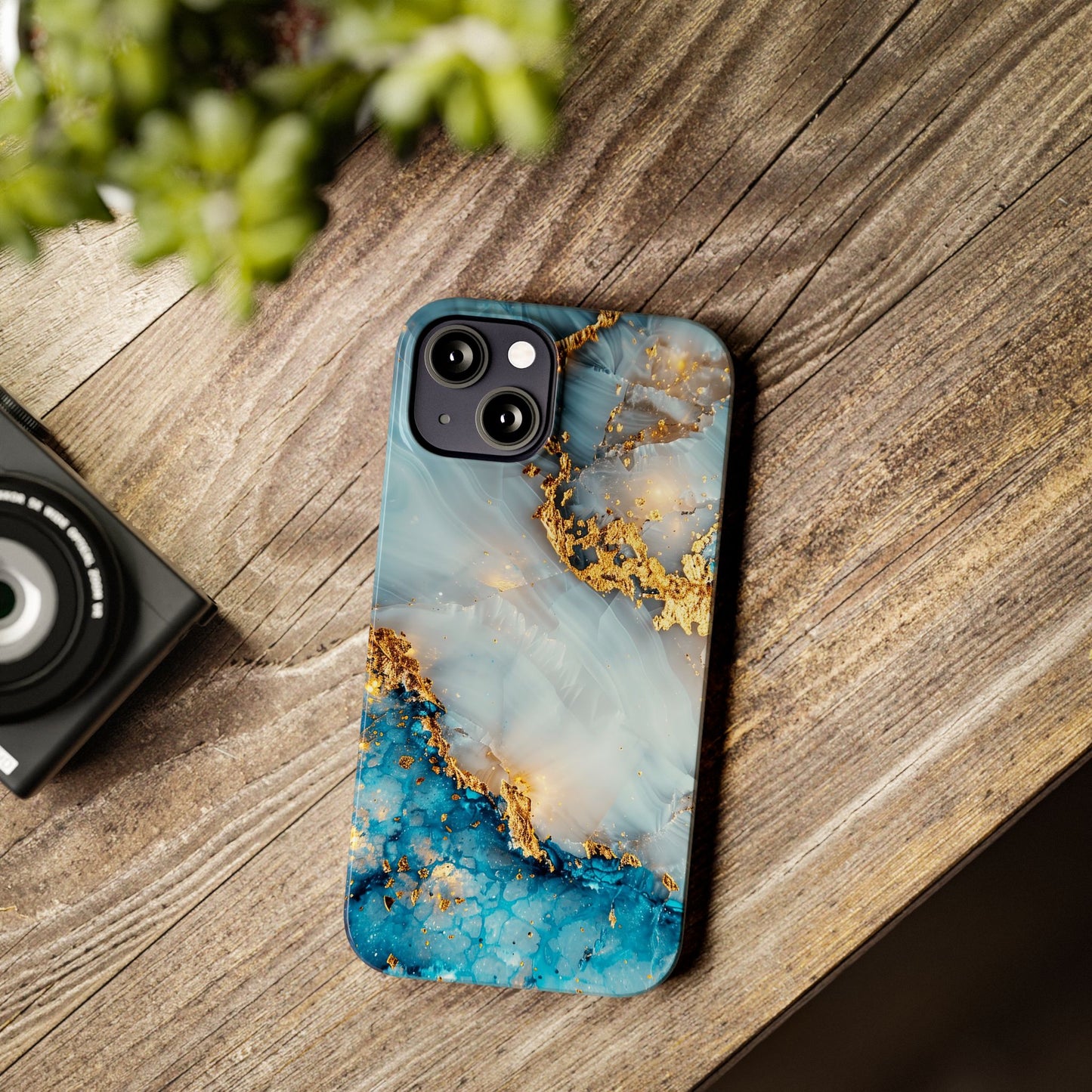 Marble Luxe Slim iPhone Case, Elegant Blue & Gold Design
