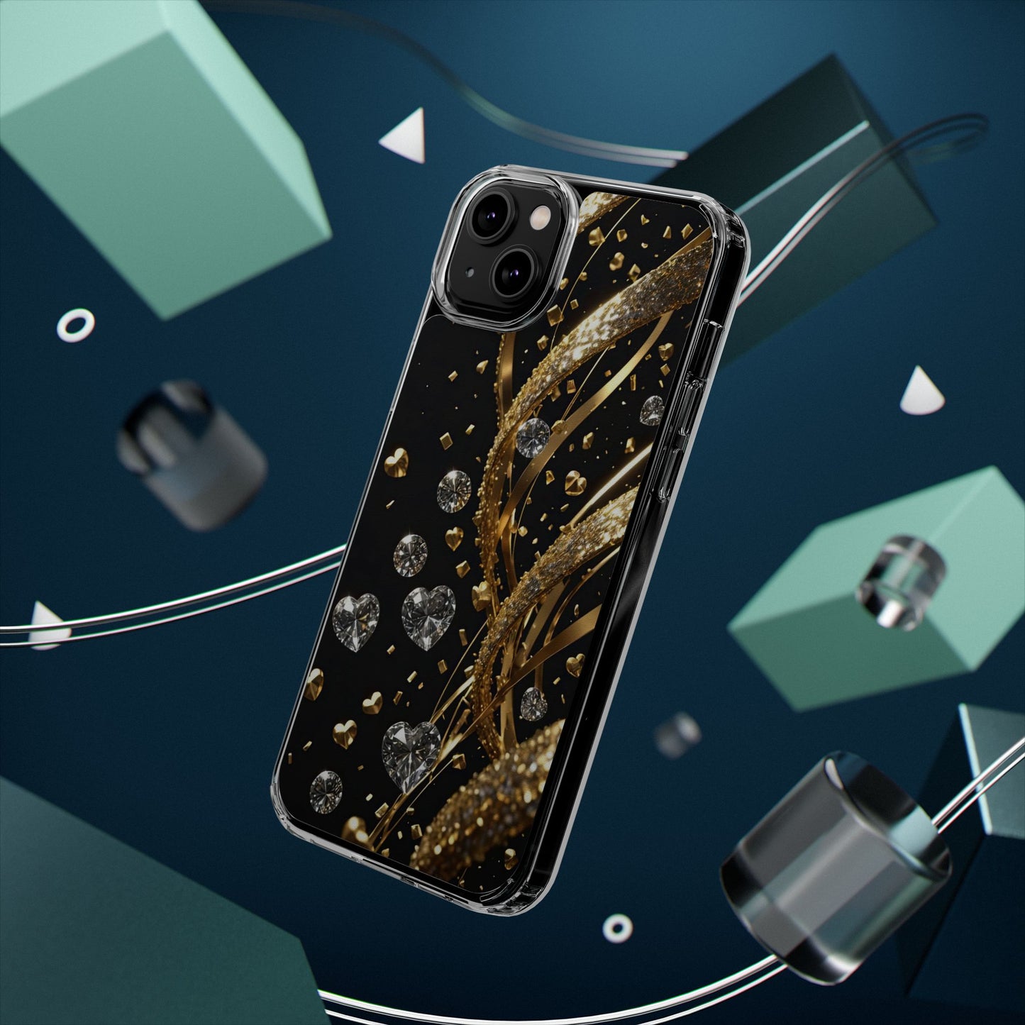 Gleaming Heart Clear Case, Elegant Gold Glitter, Sparkling Design