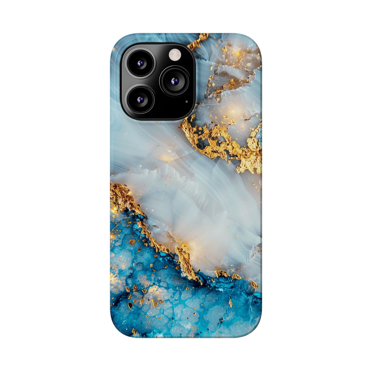 Marble Luxe Slim iPhone Case, Elegant Blue & Gold Design
