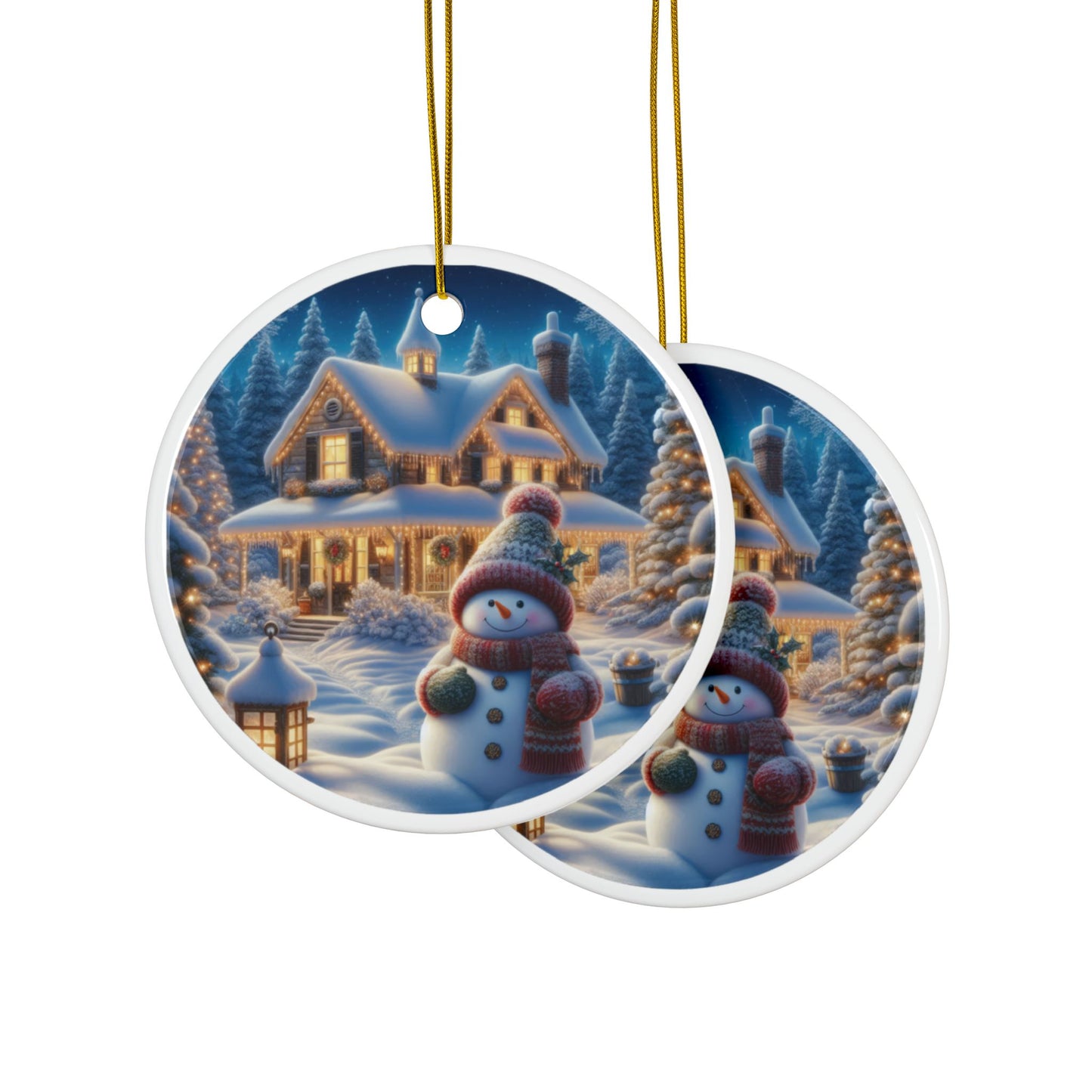 Snowman’s Starlit Charm Christmas Ceramic Ornaments, 2-Side Print, (1pc, 3pcs, 5pcs, 10pcs)