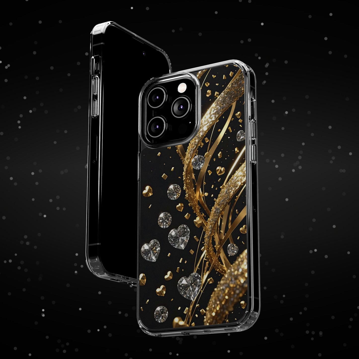 Gleaming Heart Clear Case, Elegant Gold Glitter, Sparkling Design