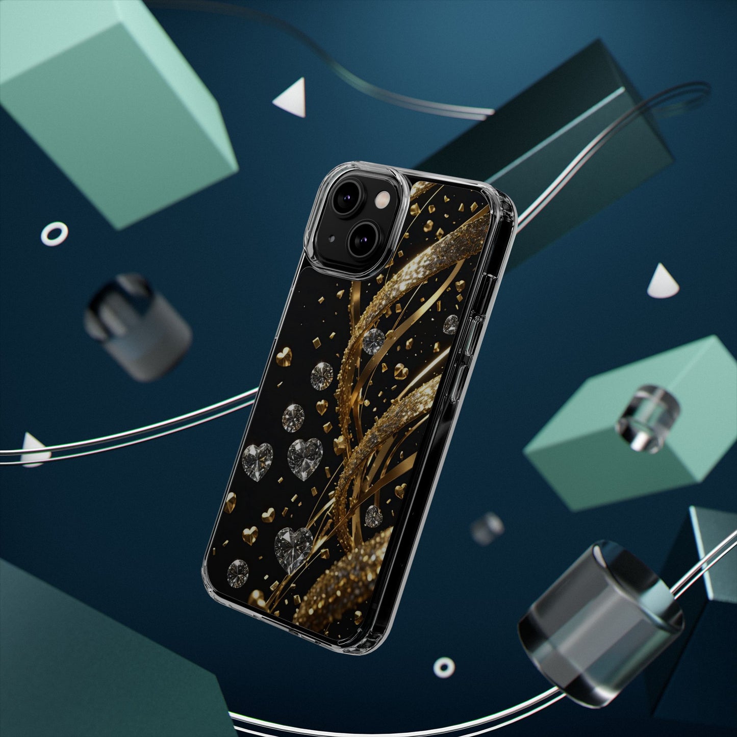 Gleaming Heart Clear Case, Elegant Gold Glitter, Sparkling Design