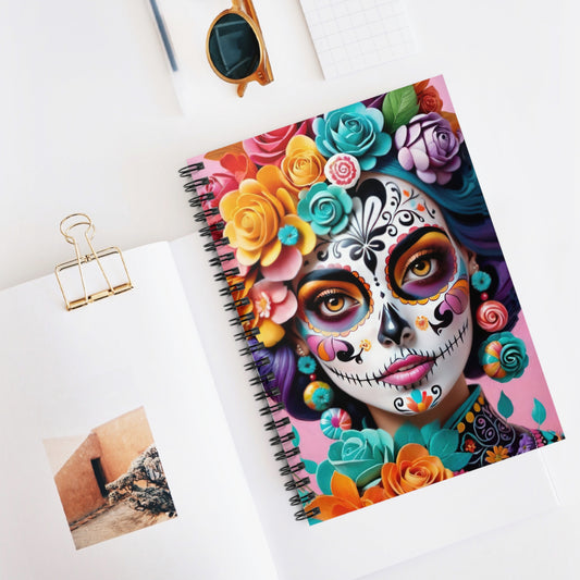 Vibrant Floral Skull Spiral Notebook 6” x 8” – Day of the Dead Journal