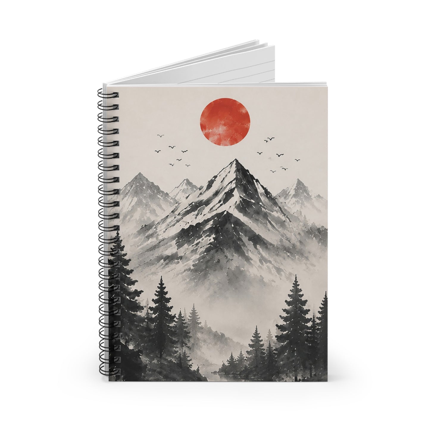 Mountain Sunrise Spiral Notebook — Ruled Journal with Red Sun Landscape
